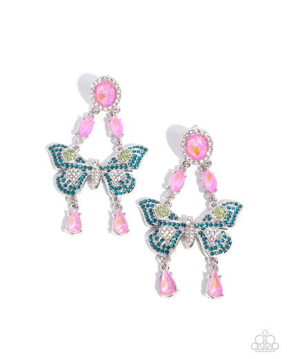 Butterfly-shaped earrings with pink and green accents on a white background