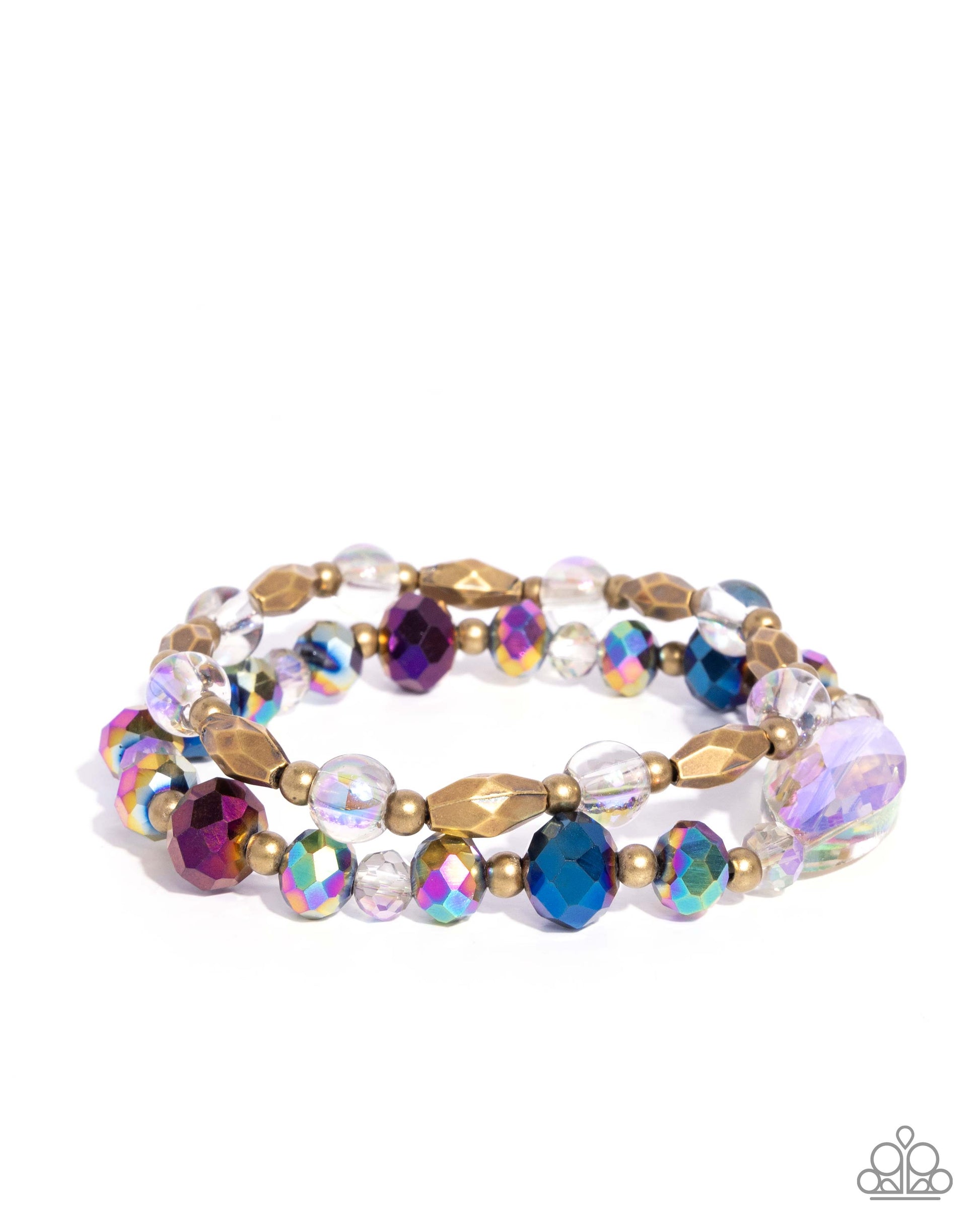 Multicolored beaded bracelet with gold accents on a white background