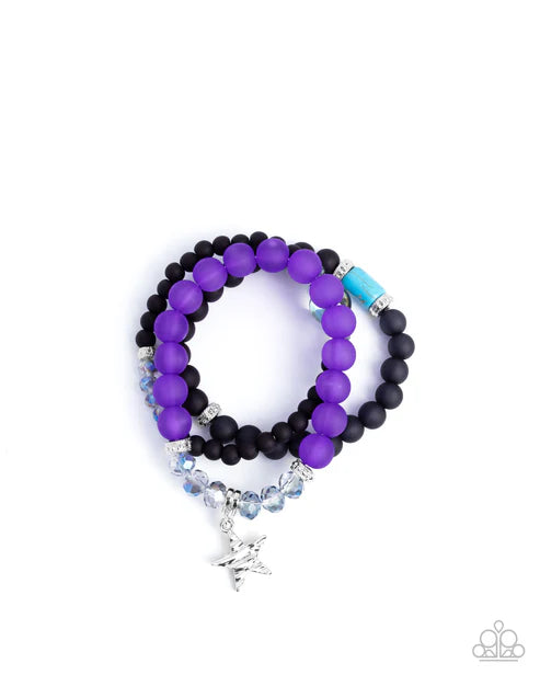 Two beaded bracelets with purple, black, and blue beads on a white background