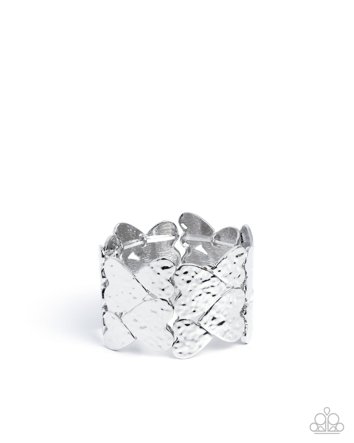 Silver ring with woven design on a white background