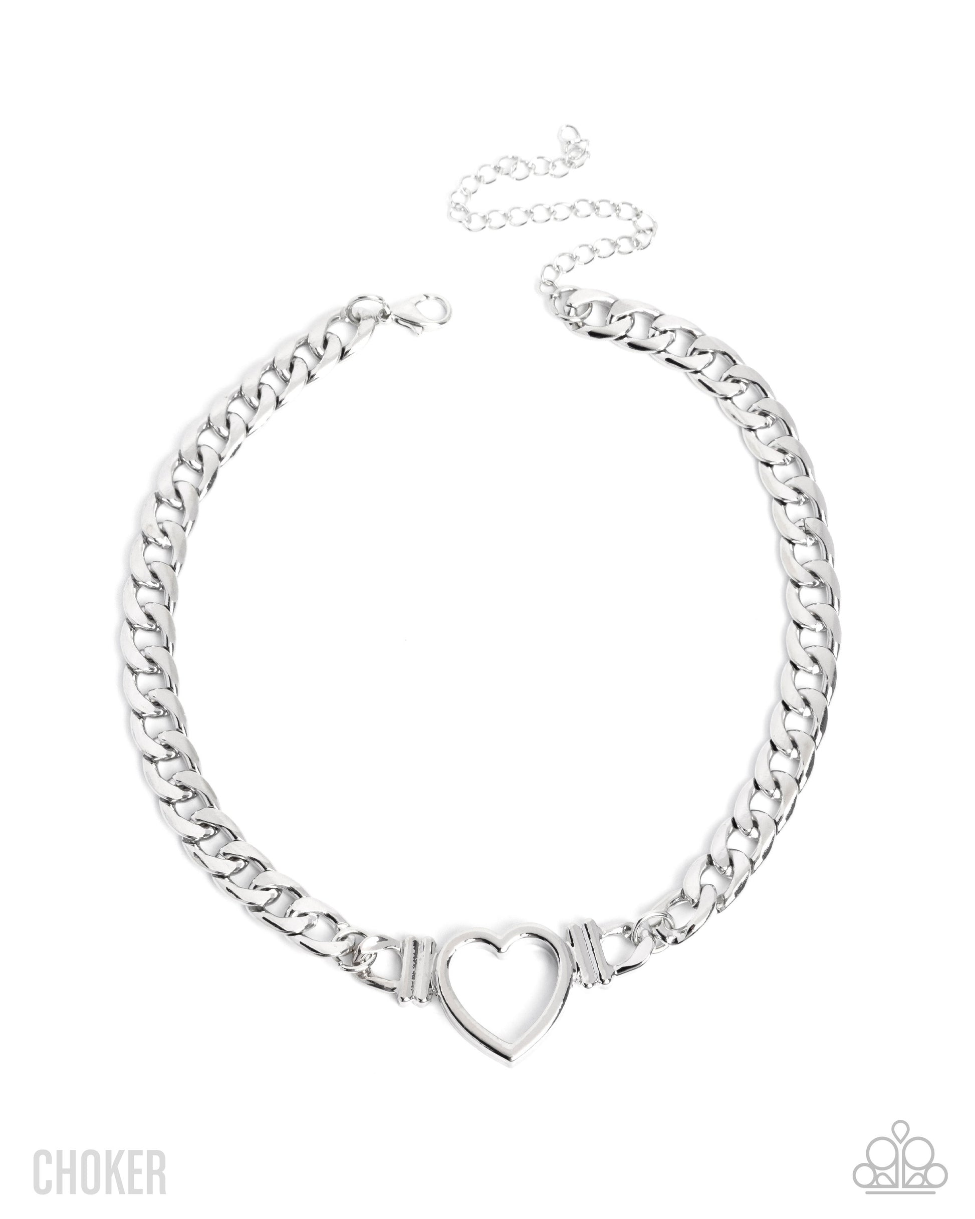 Silver chain choker necklace with a heart pendant on a white background