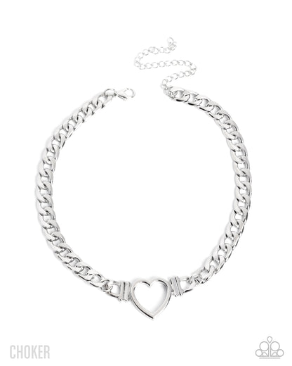 Silver chain choker necklace with a heart pendant on a white background