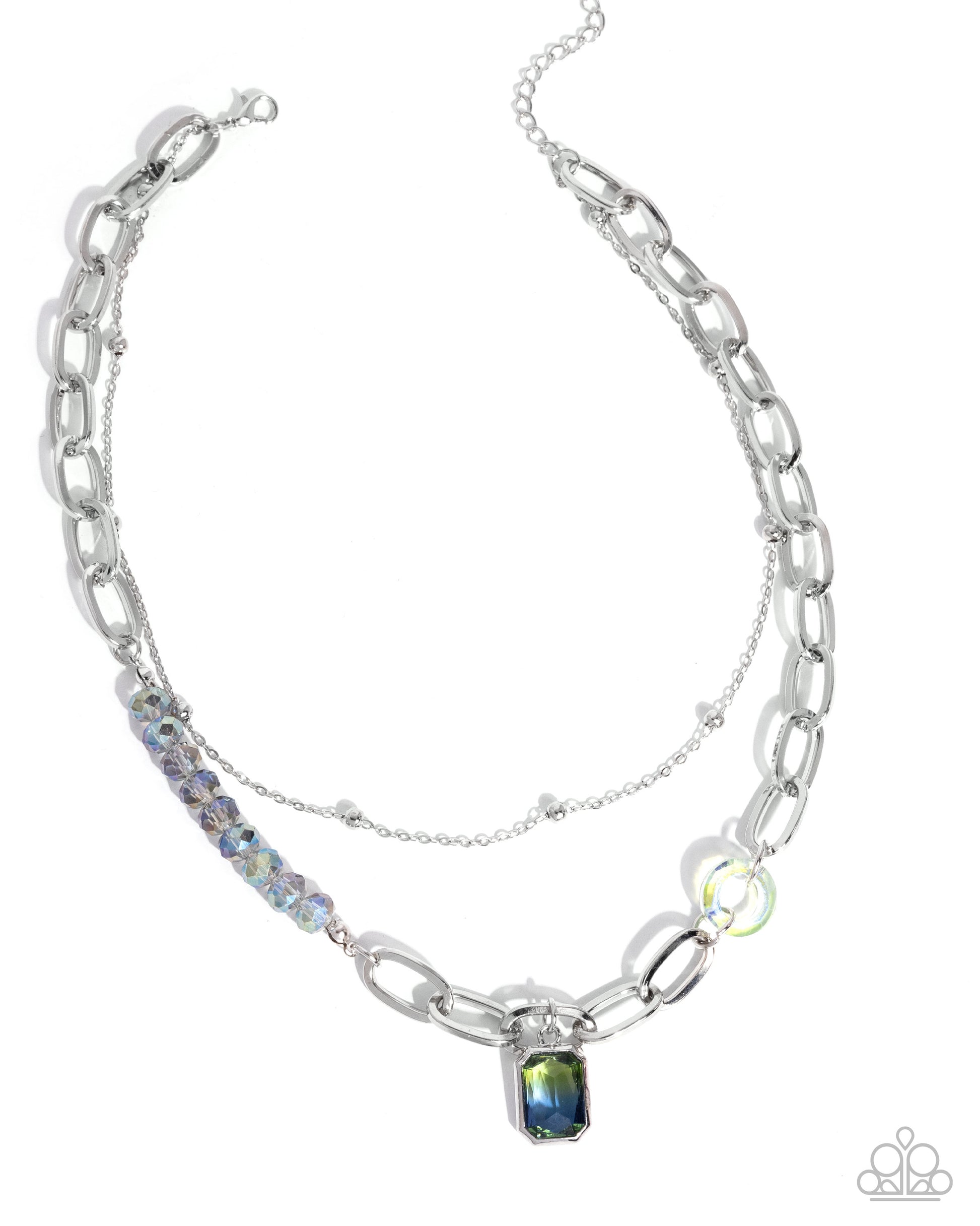 Silver chain necklace with gemstone pendant on a white background