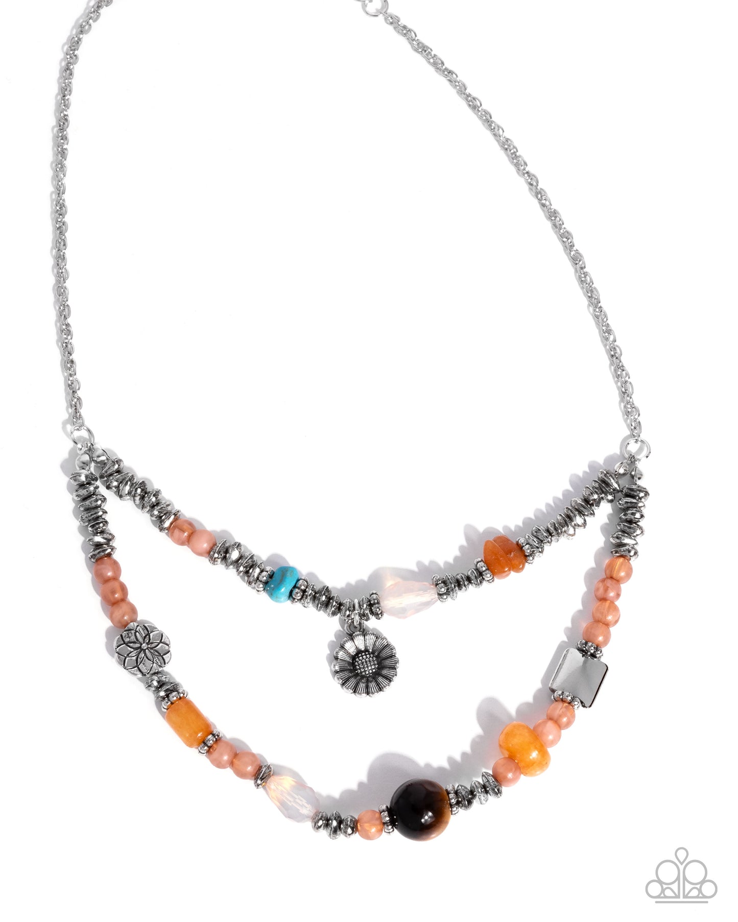 Necklace with multicolored beads and silver accents on a white background