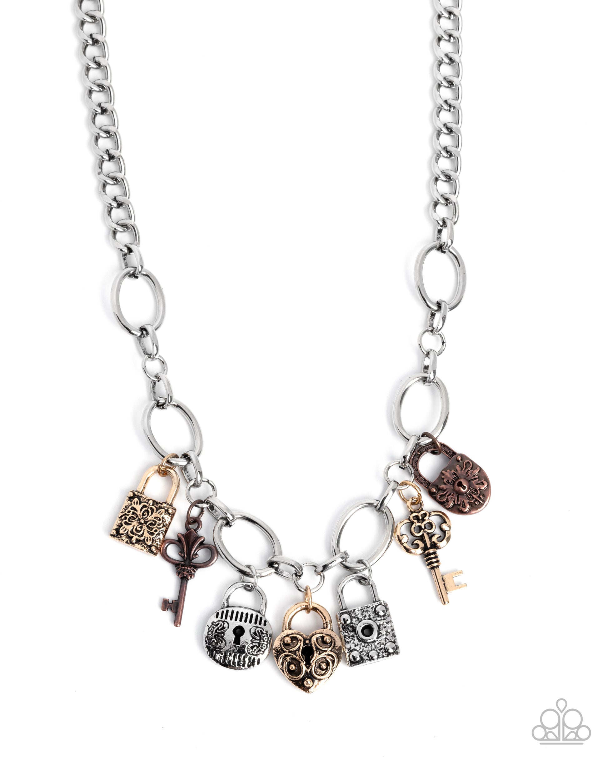 Necklace with various charms including keys and locks on a white background