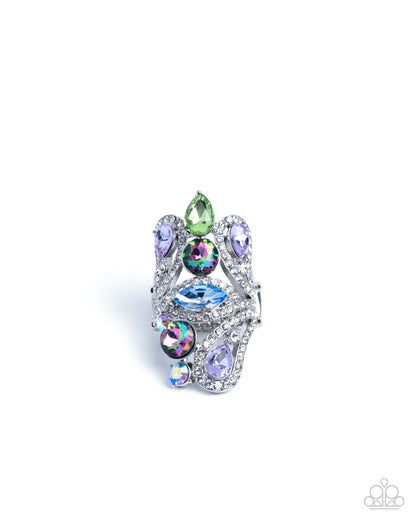 Multicolored gemstone ring on a white background