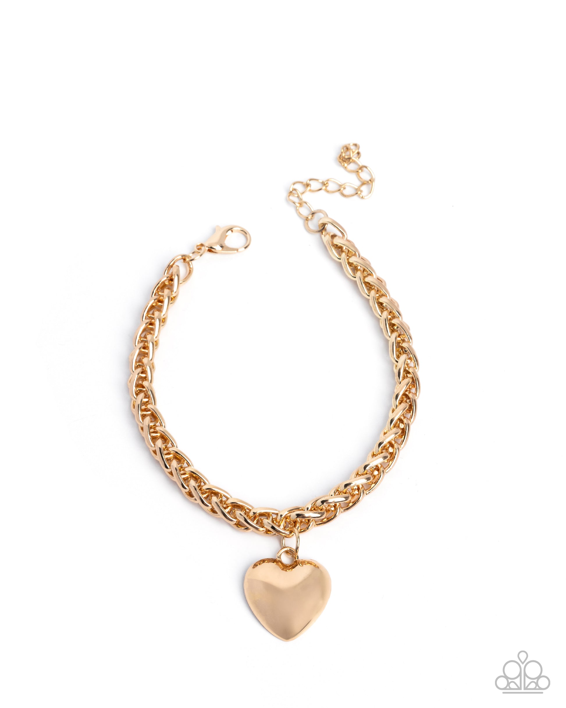 Gold chain bracelet with a heart charm on a white background