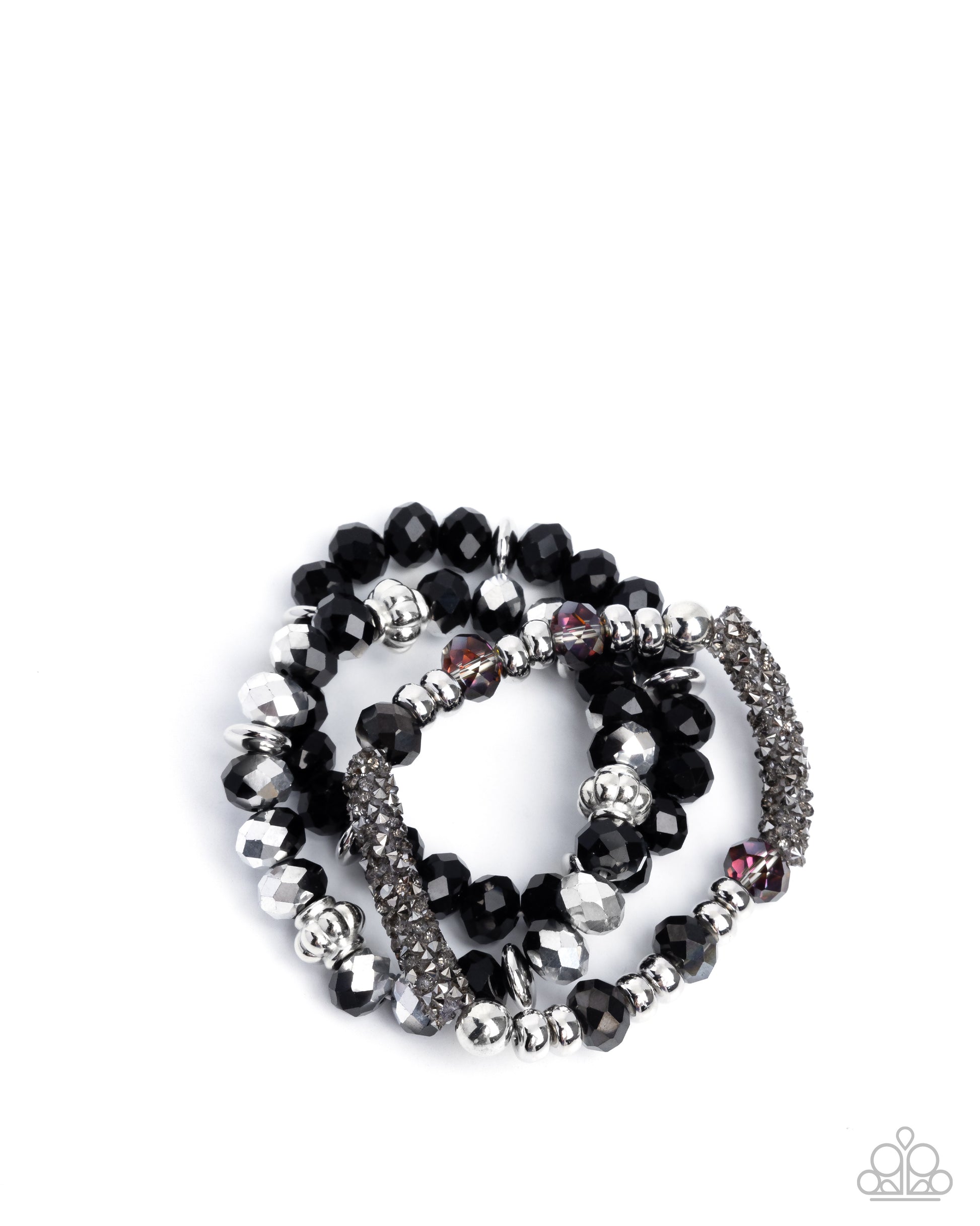 Stack of black beaded bracelets with silver and red accents on a white background