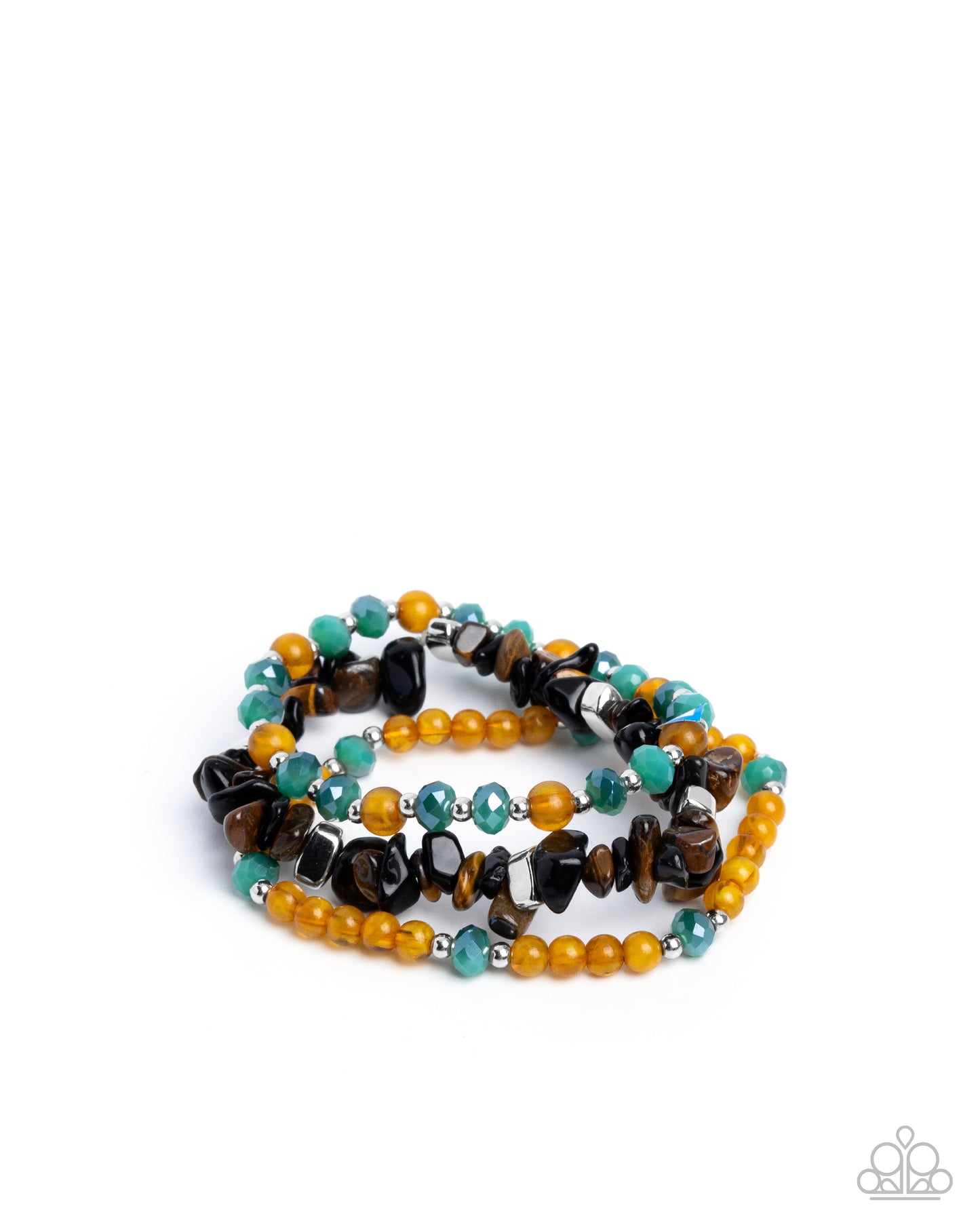 Stack of beaded bracelets with brown, yellow, and blue beads on a white background