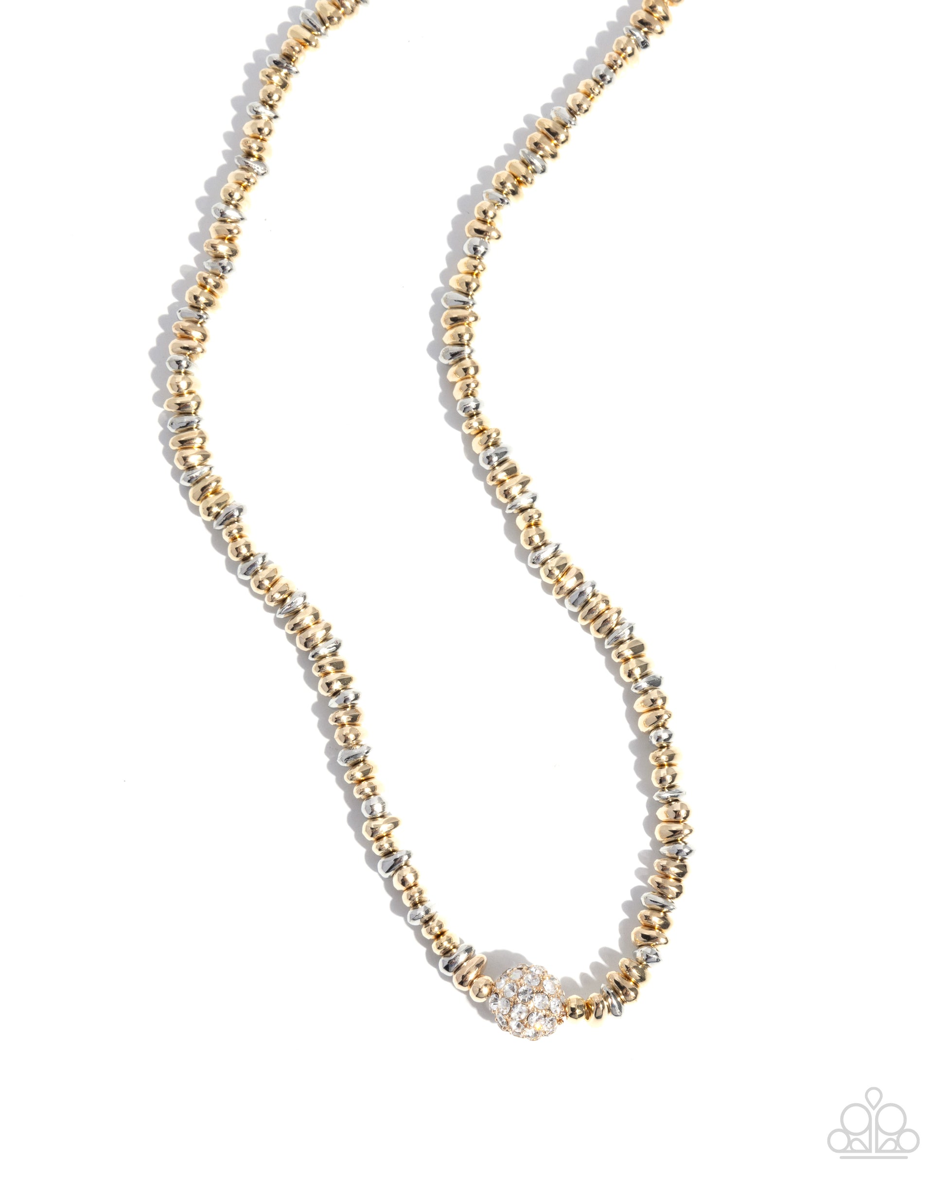 Necklace with gold and silver beads on a white background
