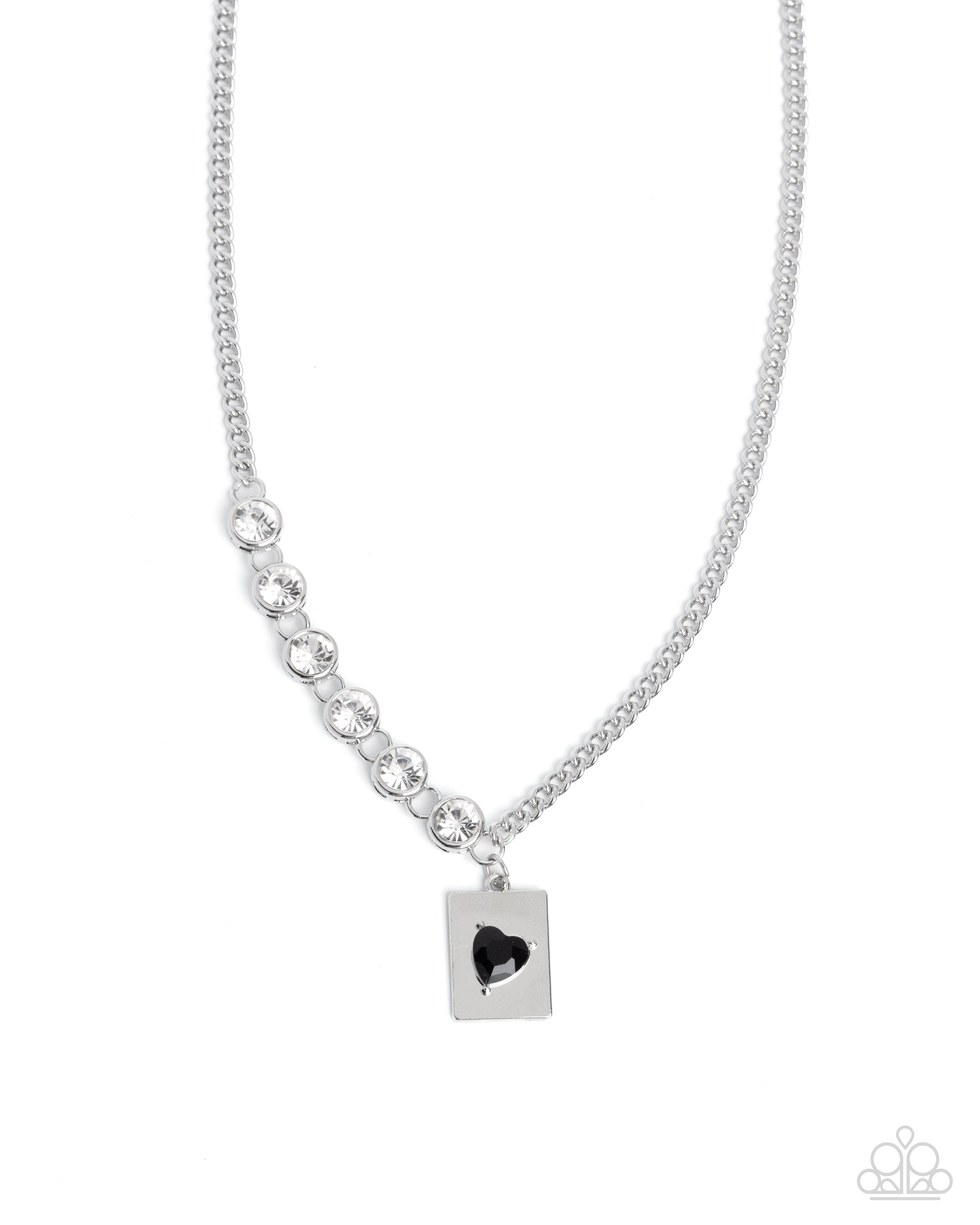 Silver necklace with a square pendant featuring a black heart on a white background