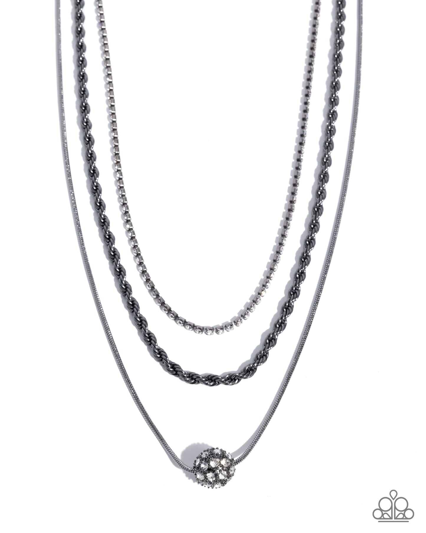 Three layered necklaces with a central pendant on a white background