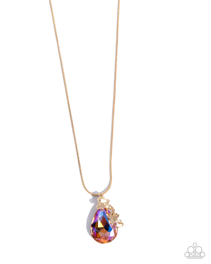 Necklace with a multicolored teardrop pendant on a white background