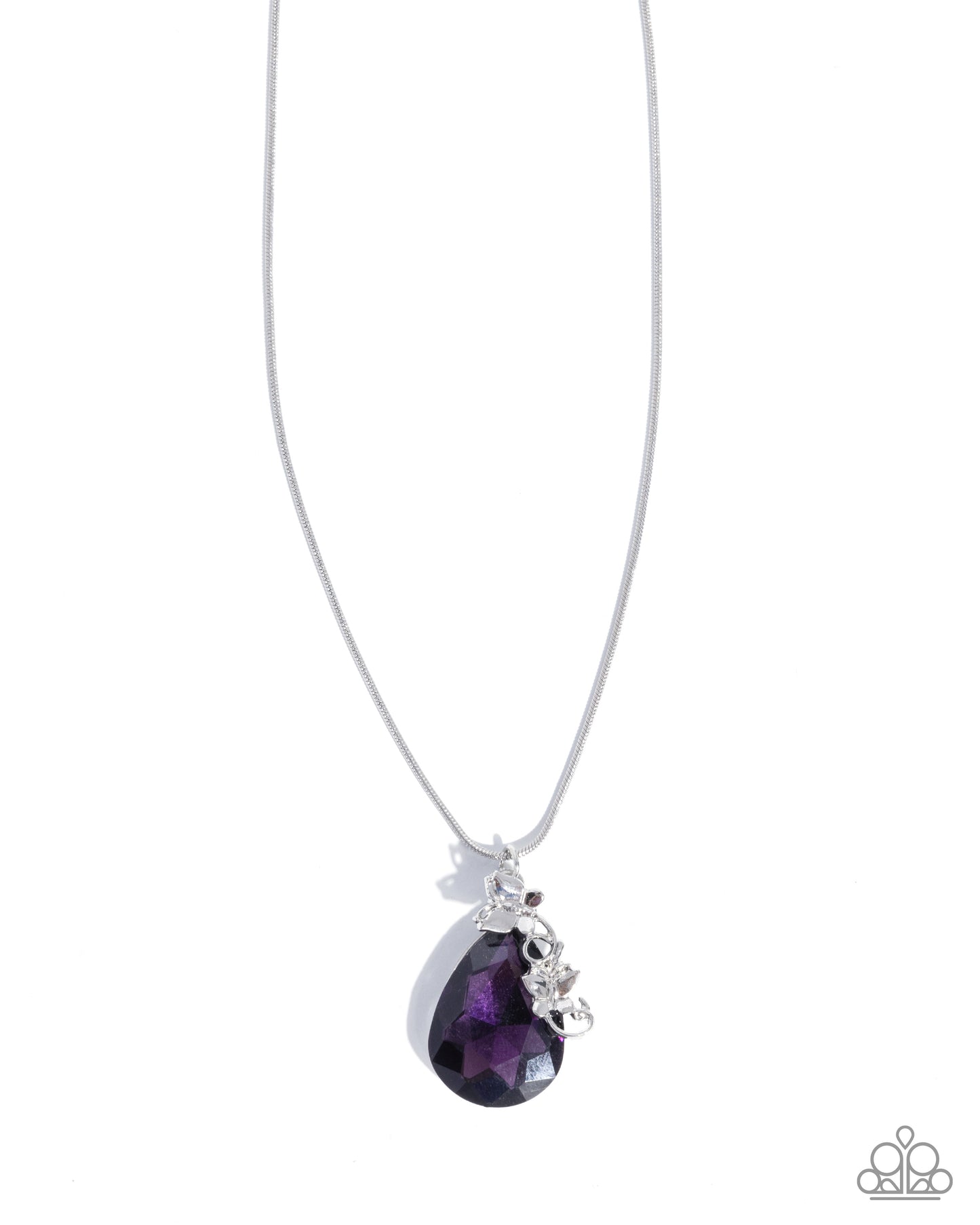 Necklace with a purple teardrop pendant on a white background