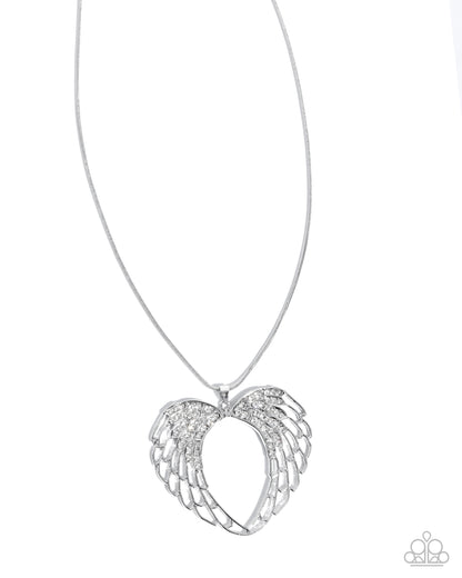 Silver angel wing necklace on a white background