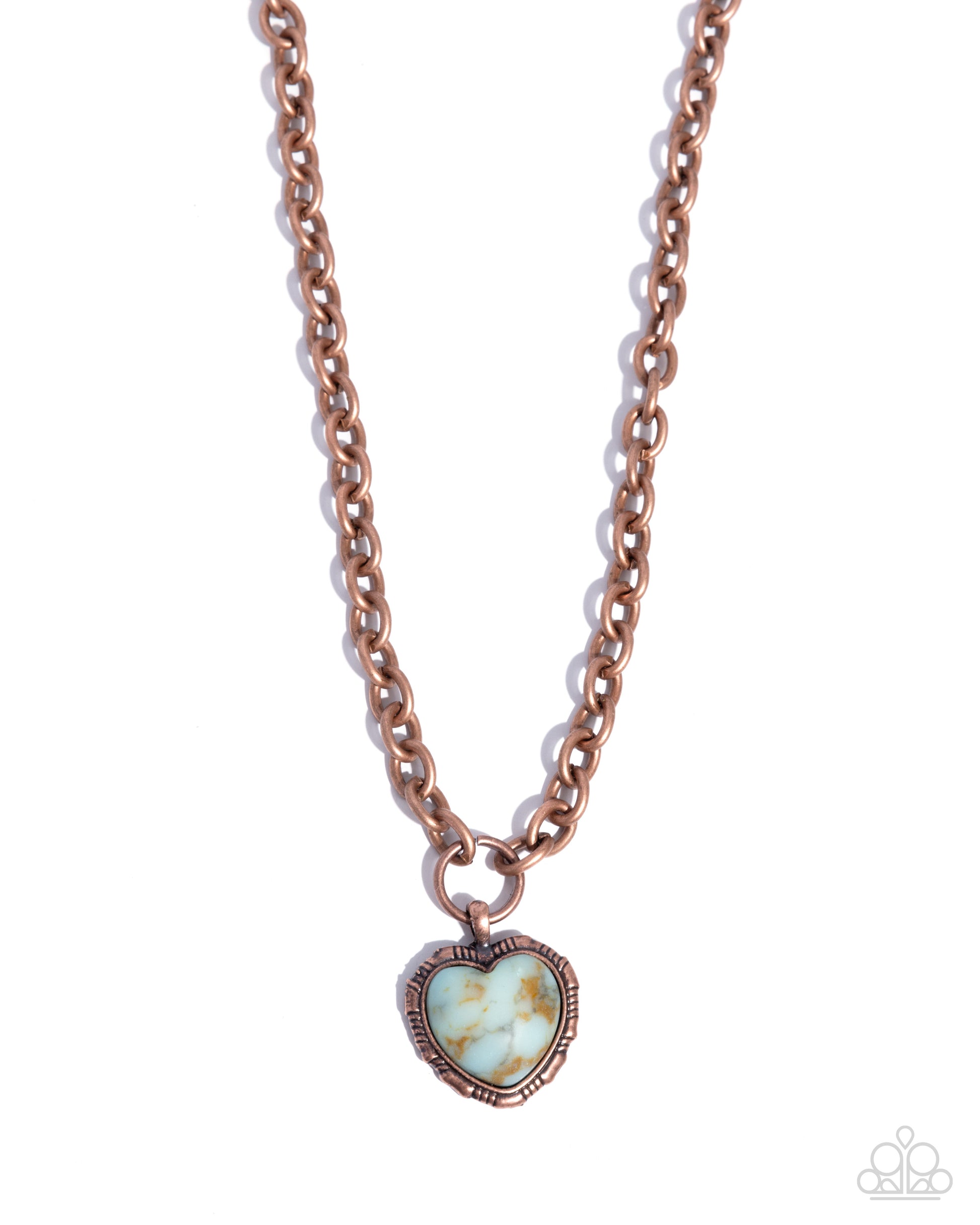 Rose gold necklace with a heart-shaped turquoise pendant on a white background