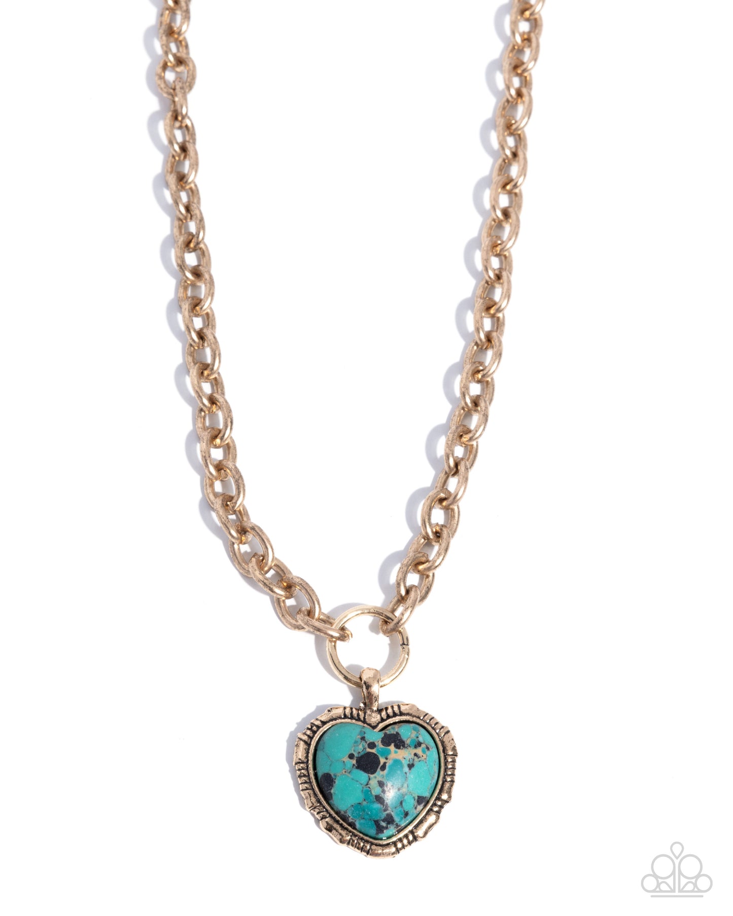 Gold necklace with a turquoise heart-shaped pendant on a white background