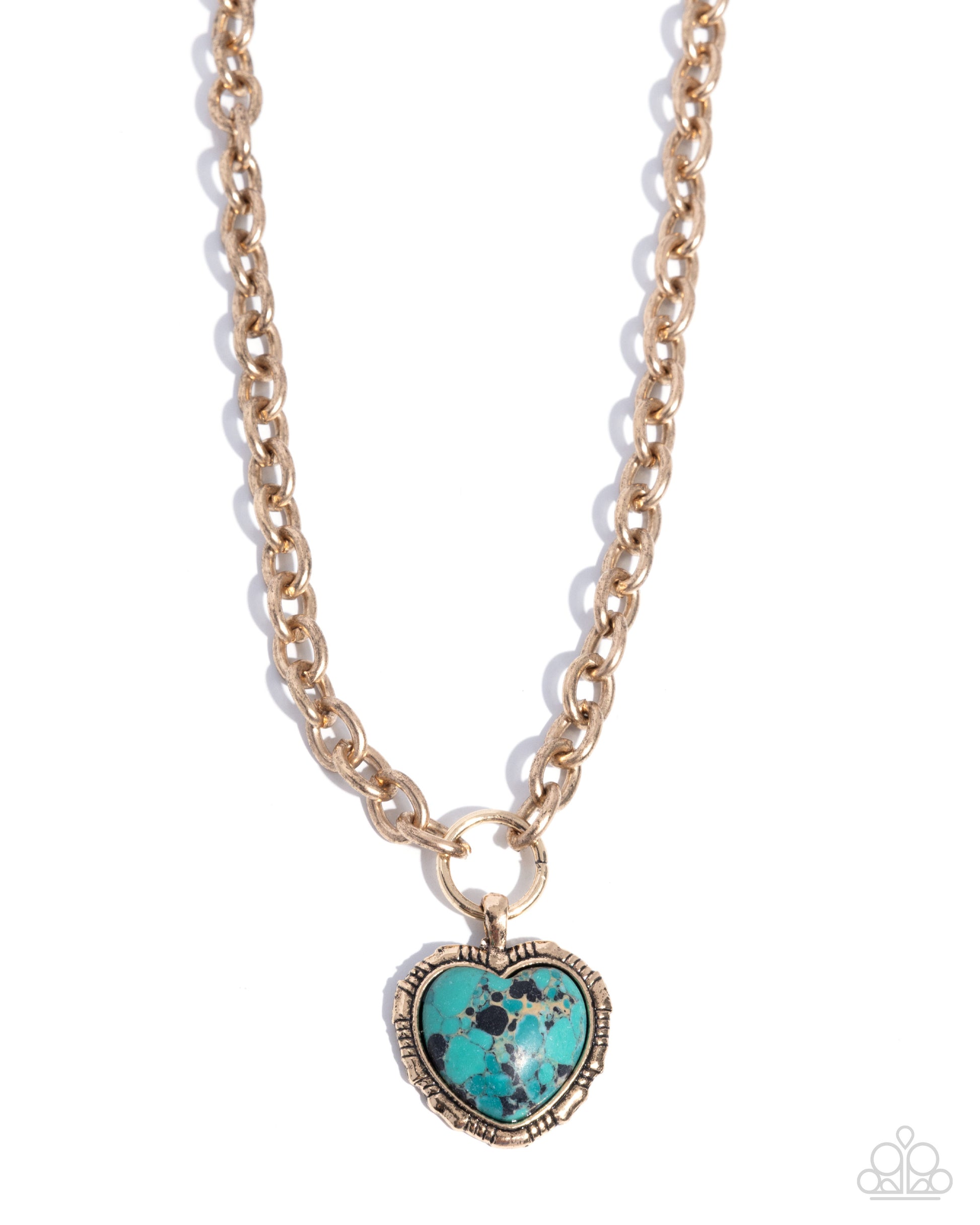 Gold necklace with a turquoise heart-shaped pendant on a white background