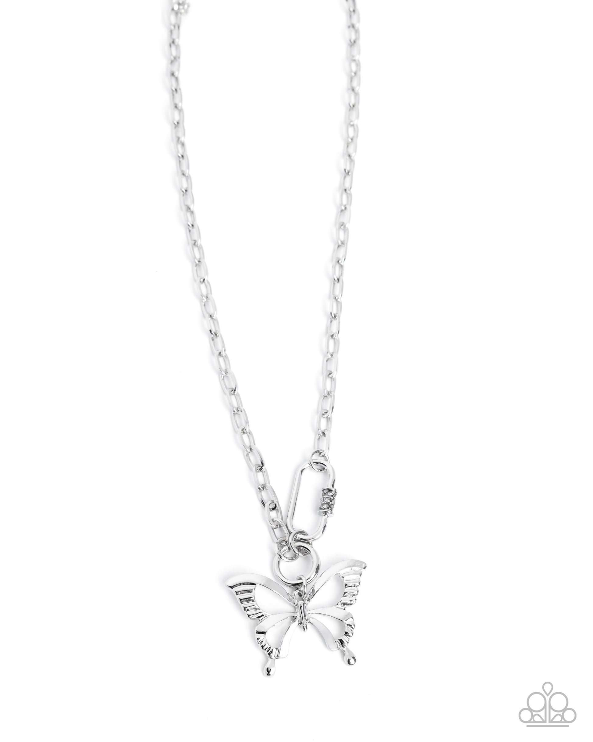 Silver butterfly pendant necklace on a white background