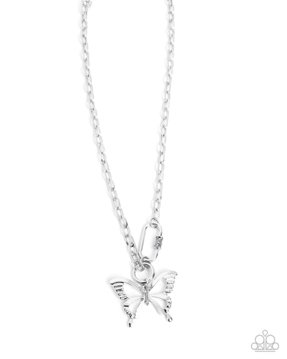 Silver butterfly pendant necklace on a white background