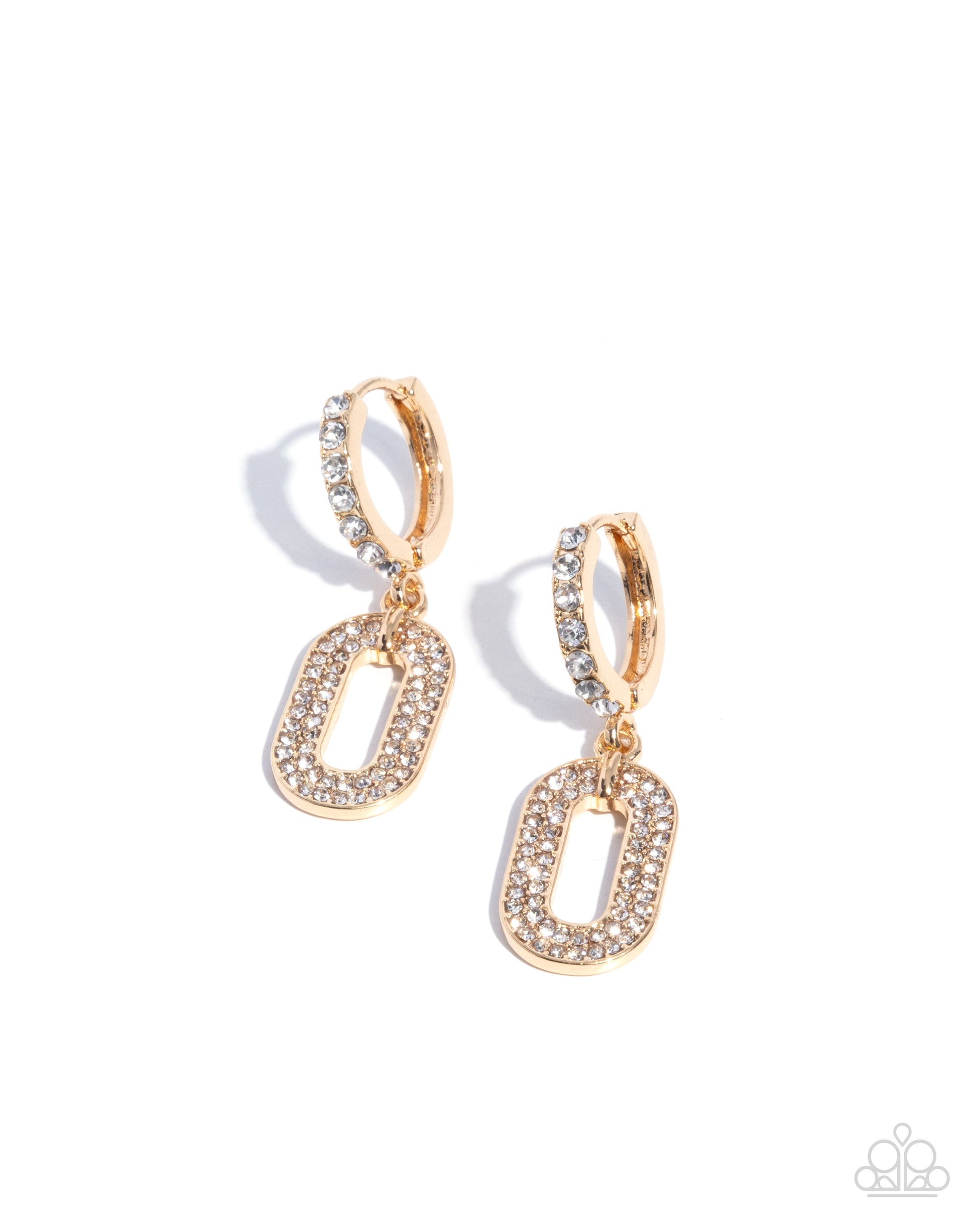 Gold hoop earrings with diamond-like stones on a white background