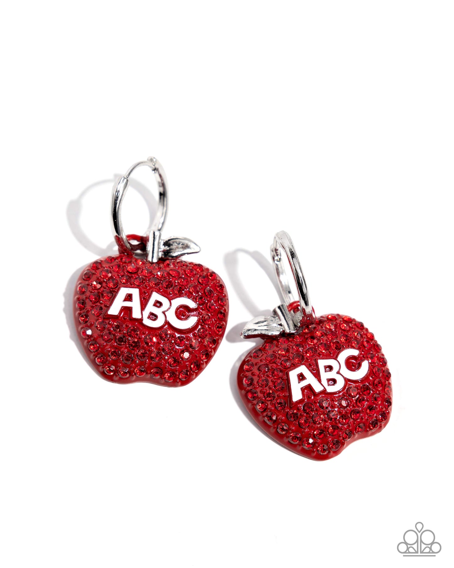 Red apple-shaped earrings with 'ABC' text on a white background