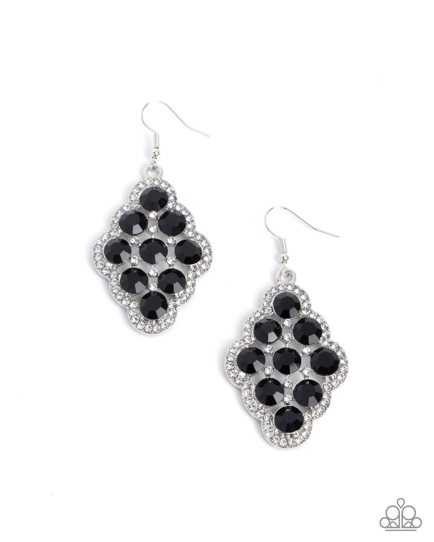 Pair of black and silver earrings on a white background