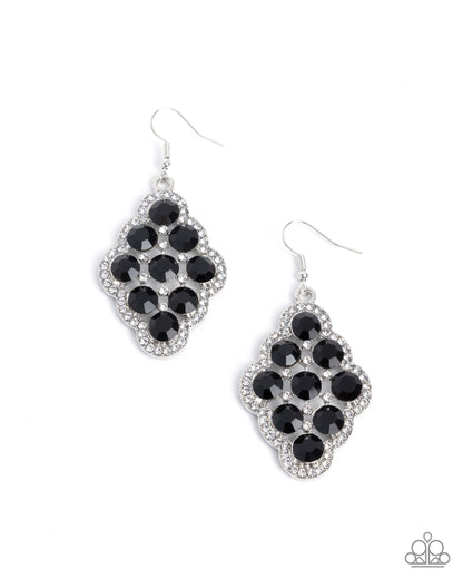 Pair of black and silver earrings on a white background