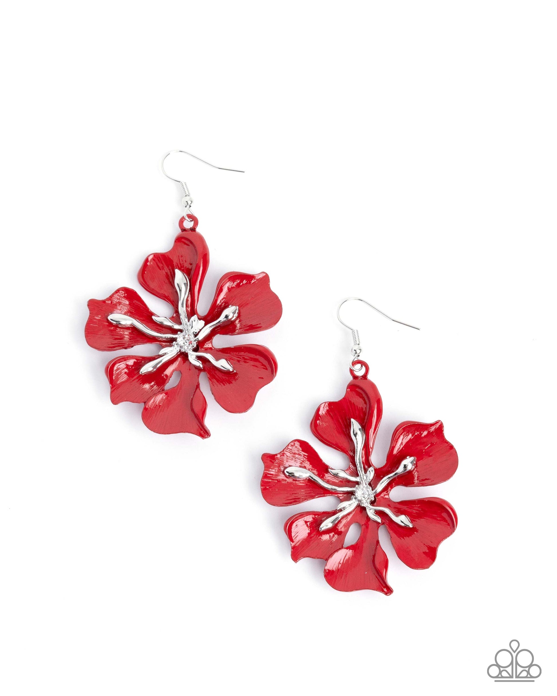 Red floral earrings with silver accents on a white background