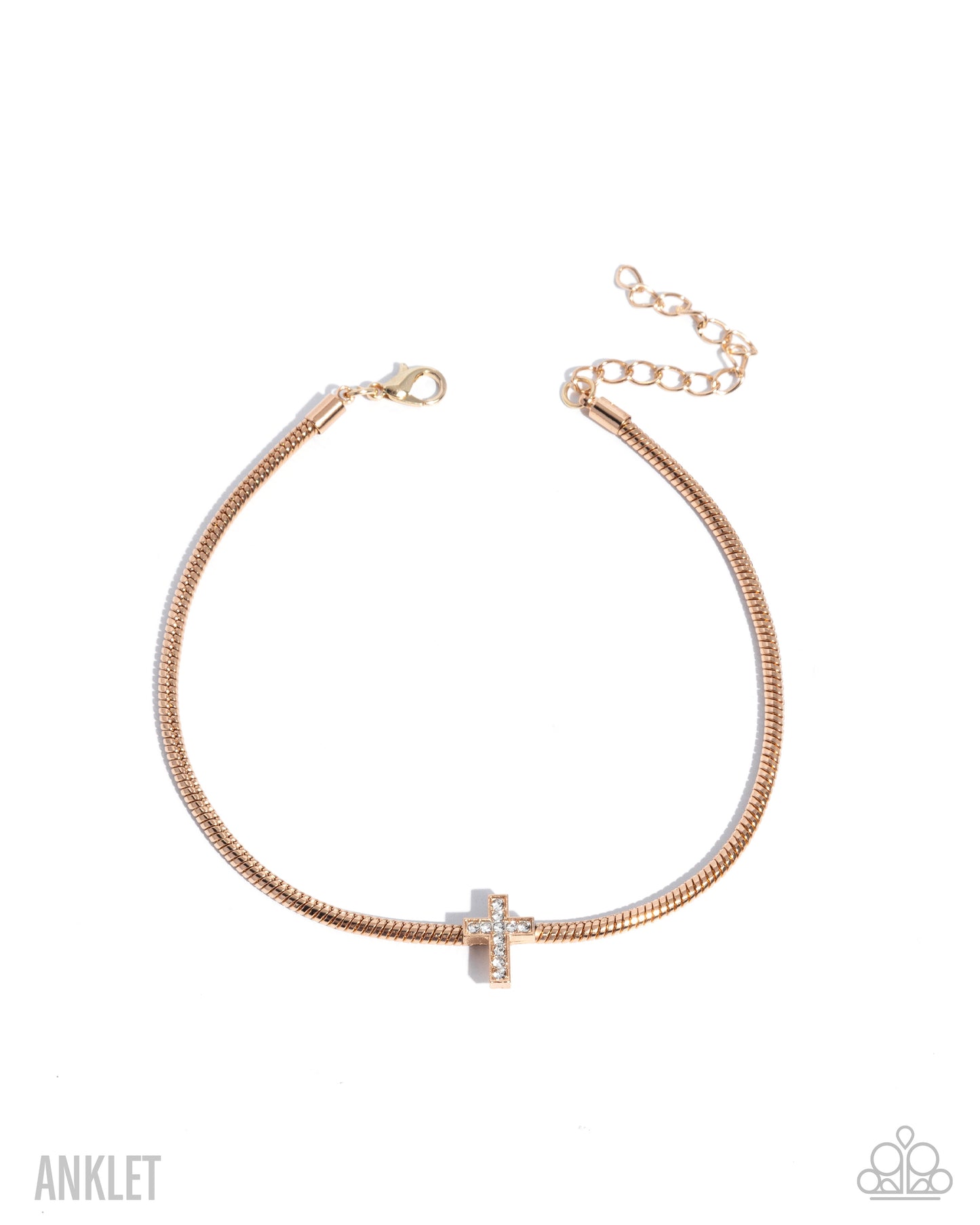 Rose gold anklet with a small cross charm on a white background