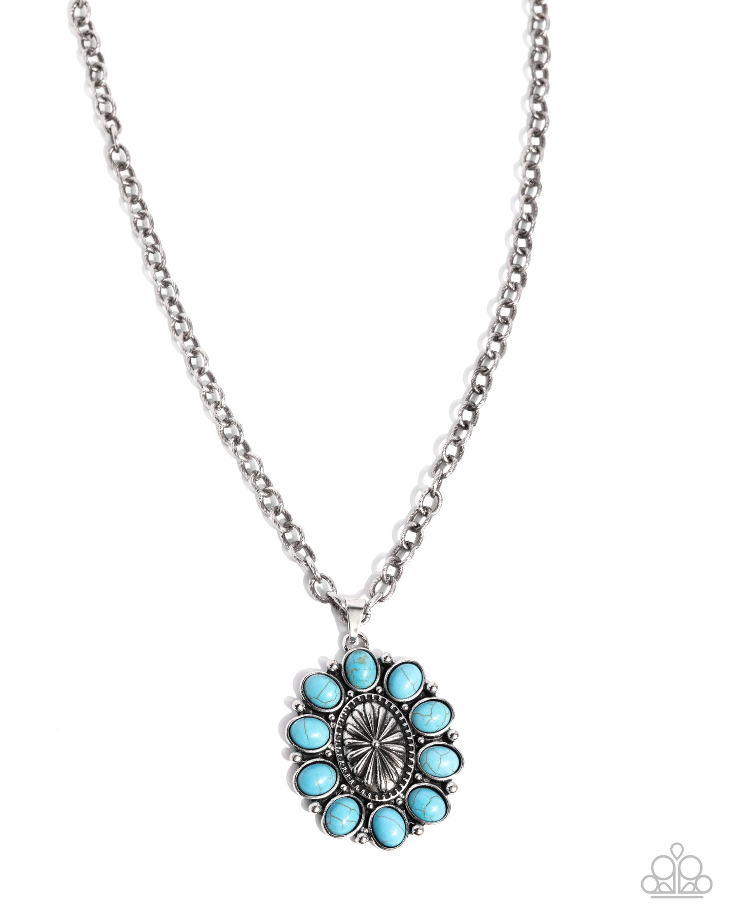 Necklace with turquoise floral pendant on a white background