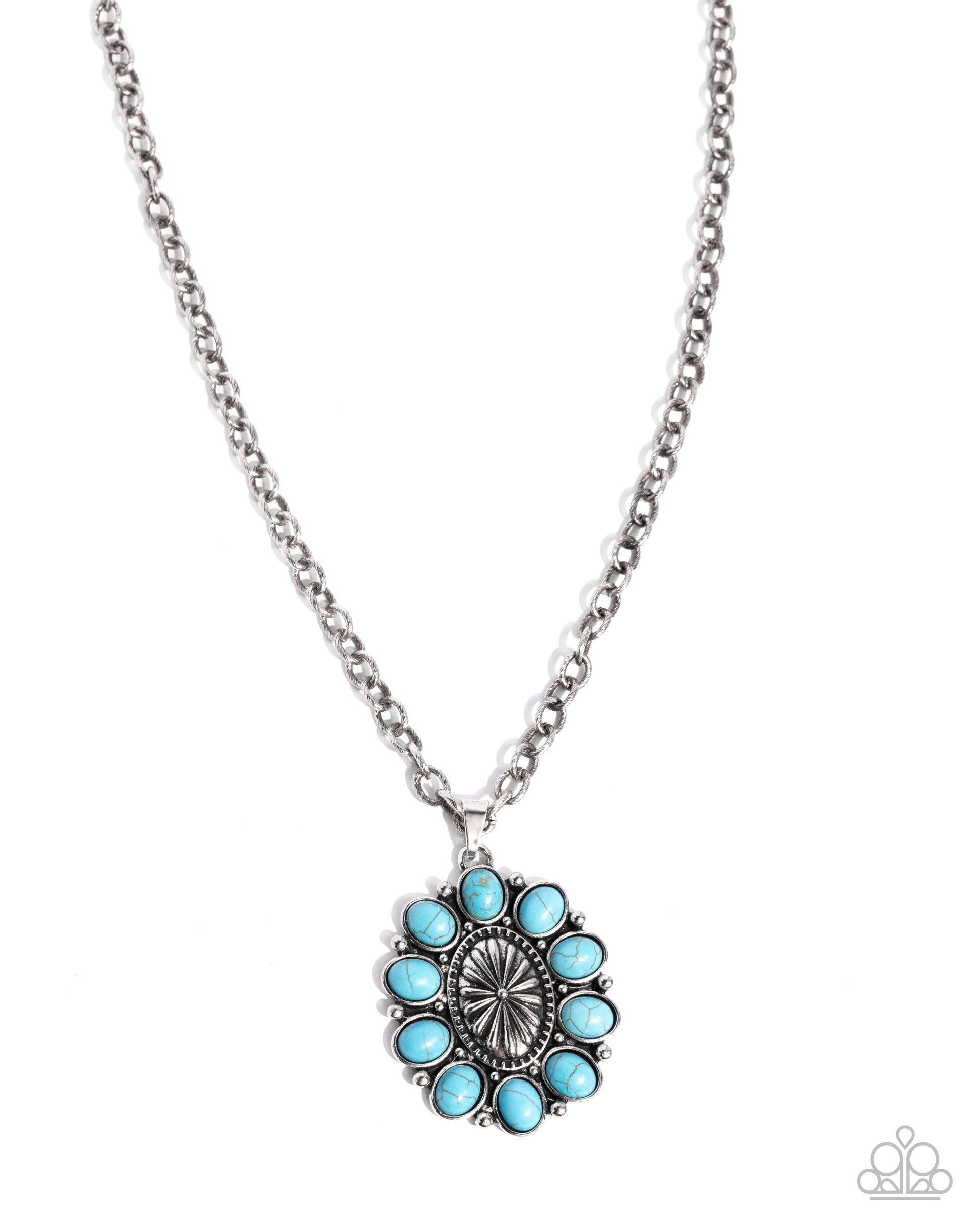 Necklace with turquoise floral pendant on a white background