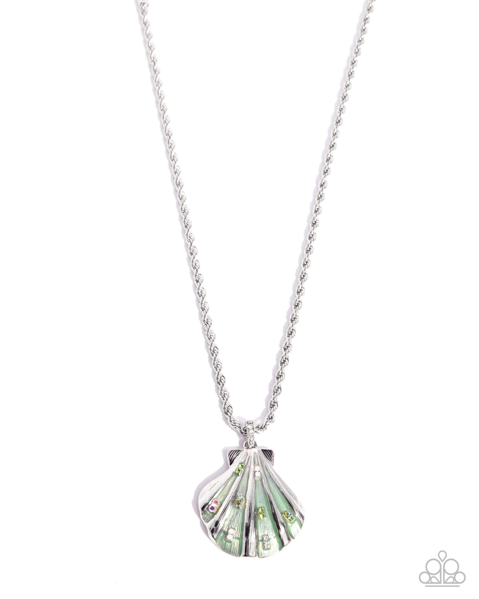 Silver necklace with a shell-shaped pendant on a white background