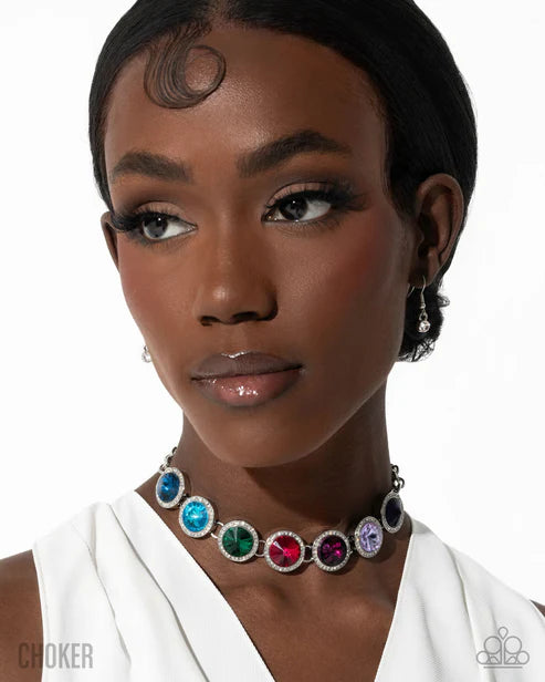 Woman wearing a colorful choker necklace on a white background