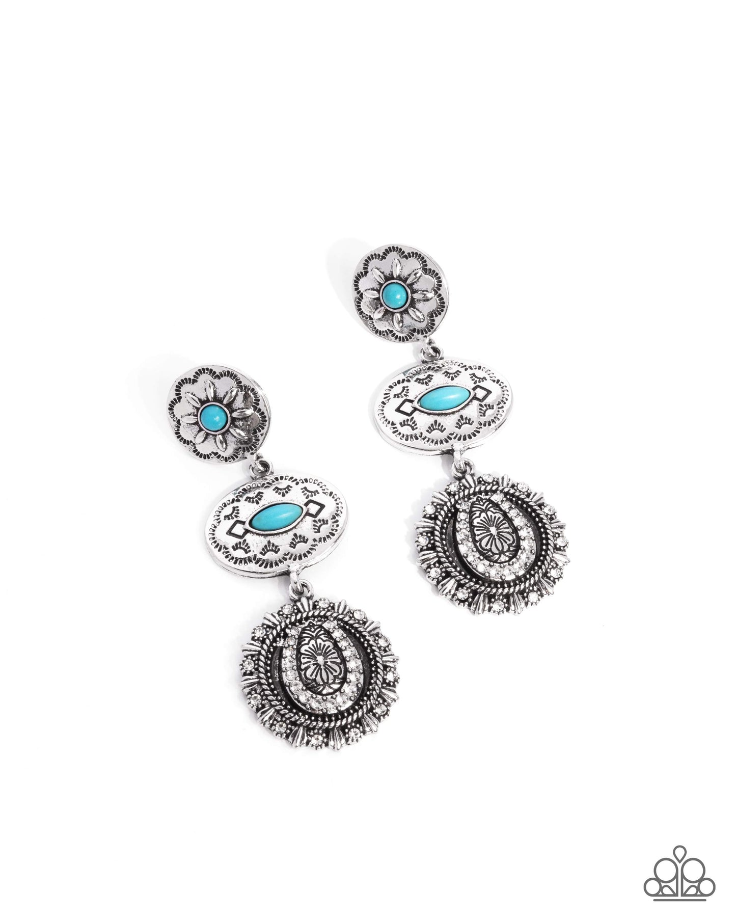 A pair of silver-toned dangle earrings with turquoise blue stone accents, displayed on a clean white background.
