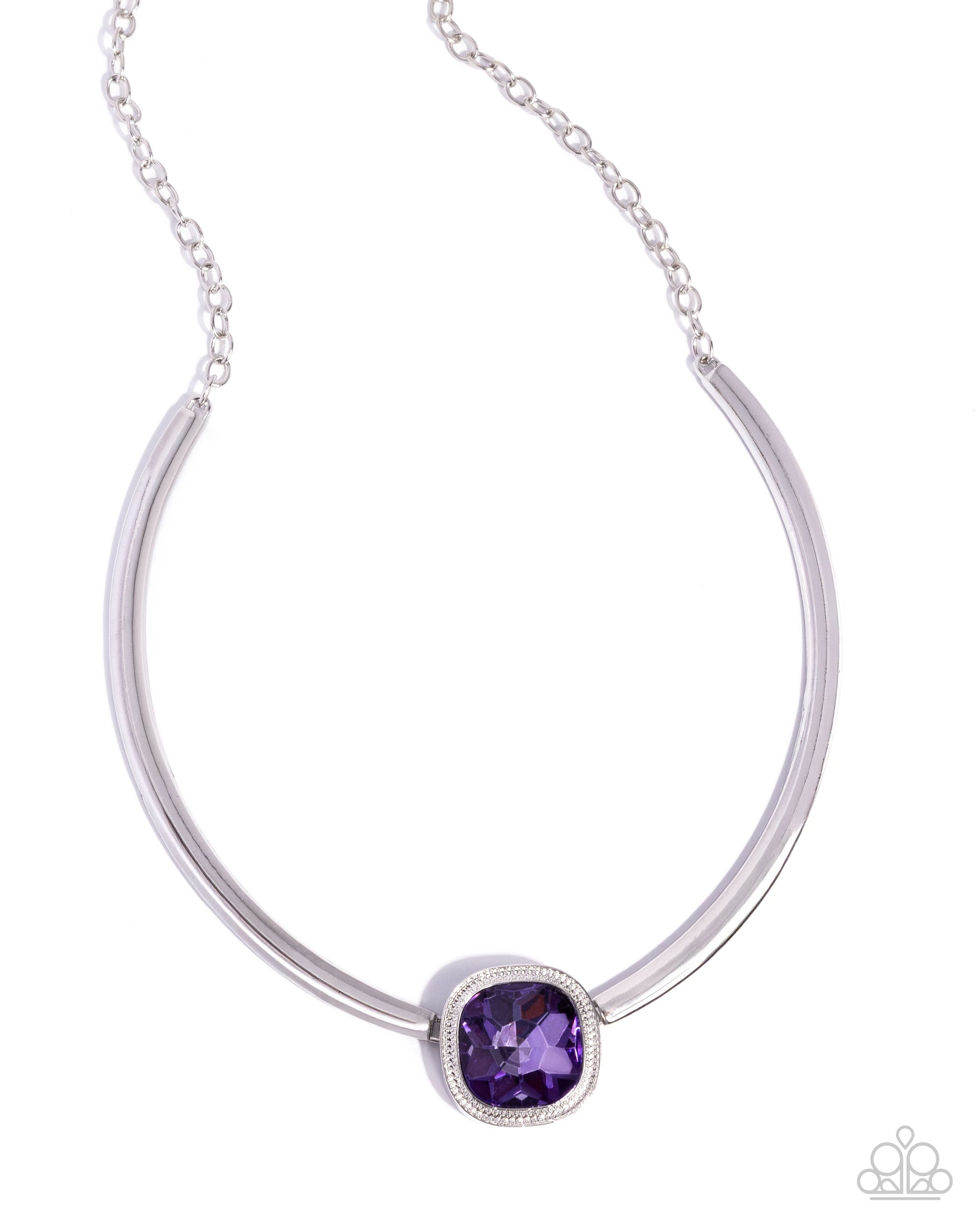 Silver necklace with a purple gemstone on a white background