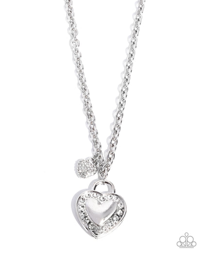 Silver heart padlock necklace with white rhinestones