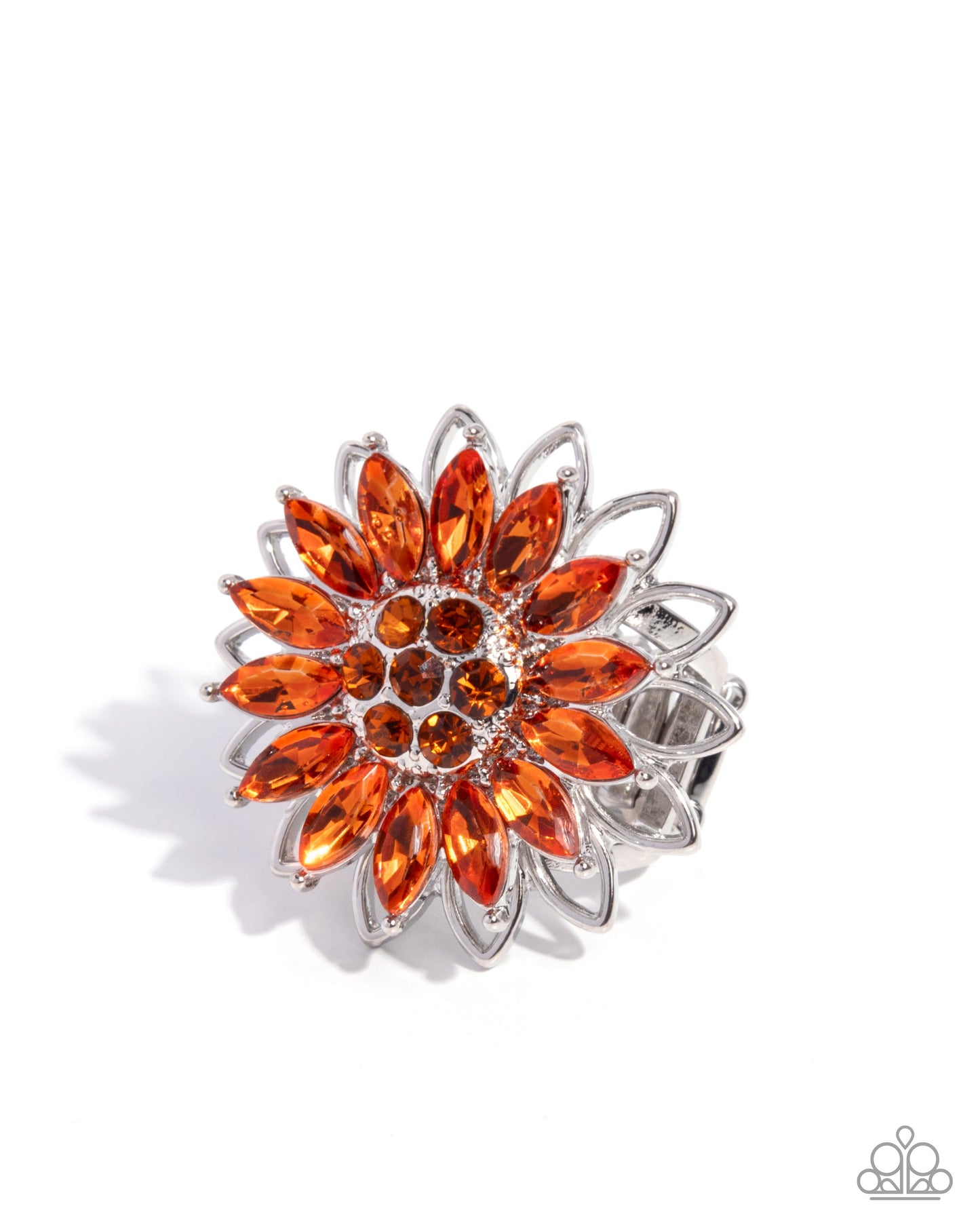 Orange flower-shaped brooch with silver accents on a white background