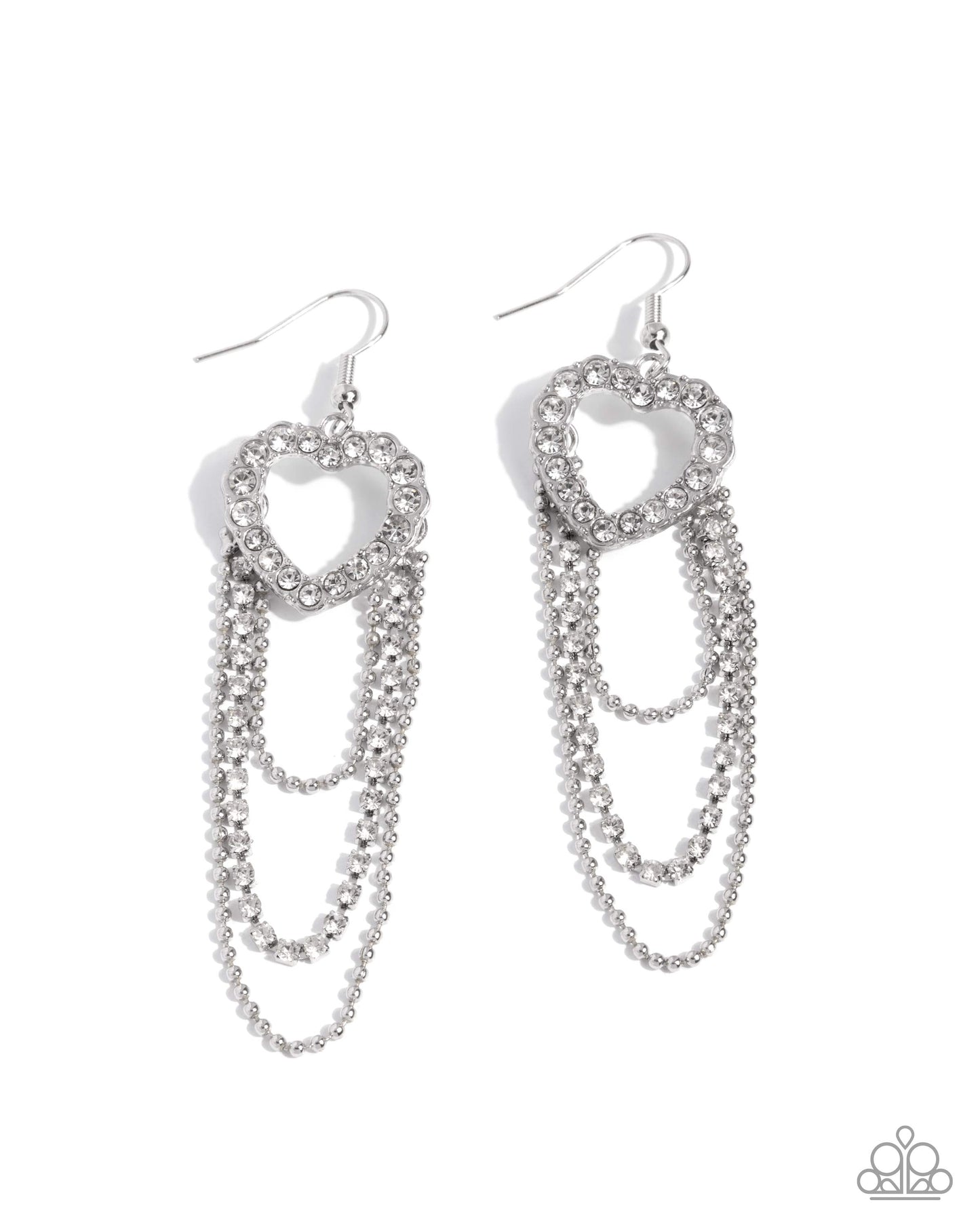 Pair of silver heart-shaped earrings with chain details on a white background