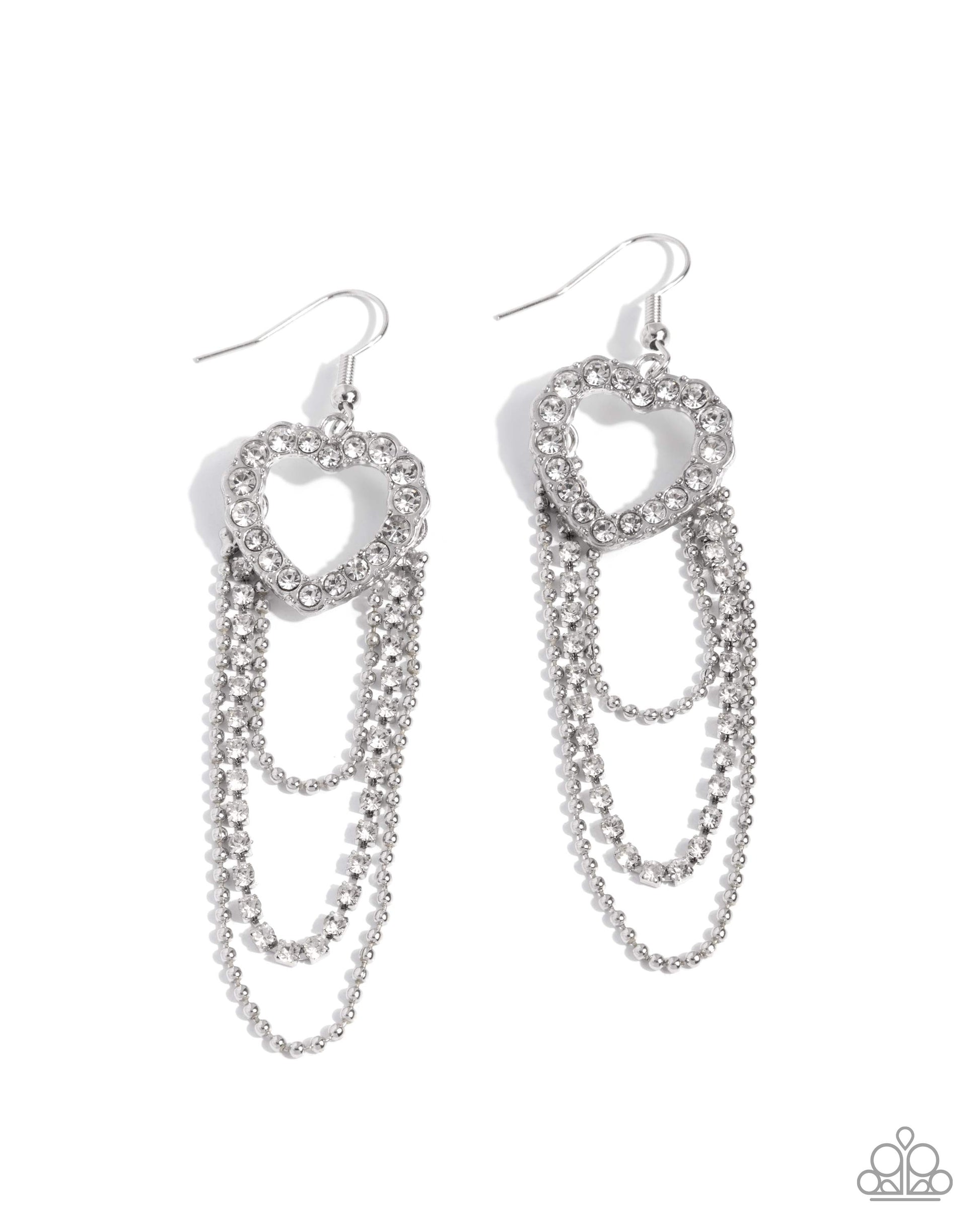 Pair of silver heart-shaped earrings with chain details on a white background