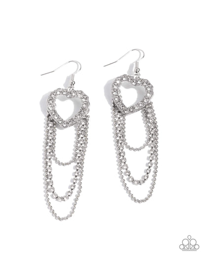 Pair of silver heart-shaped earrings with chain details on a white background