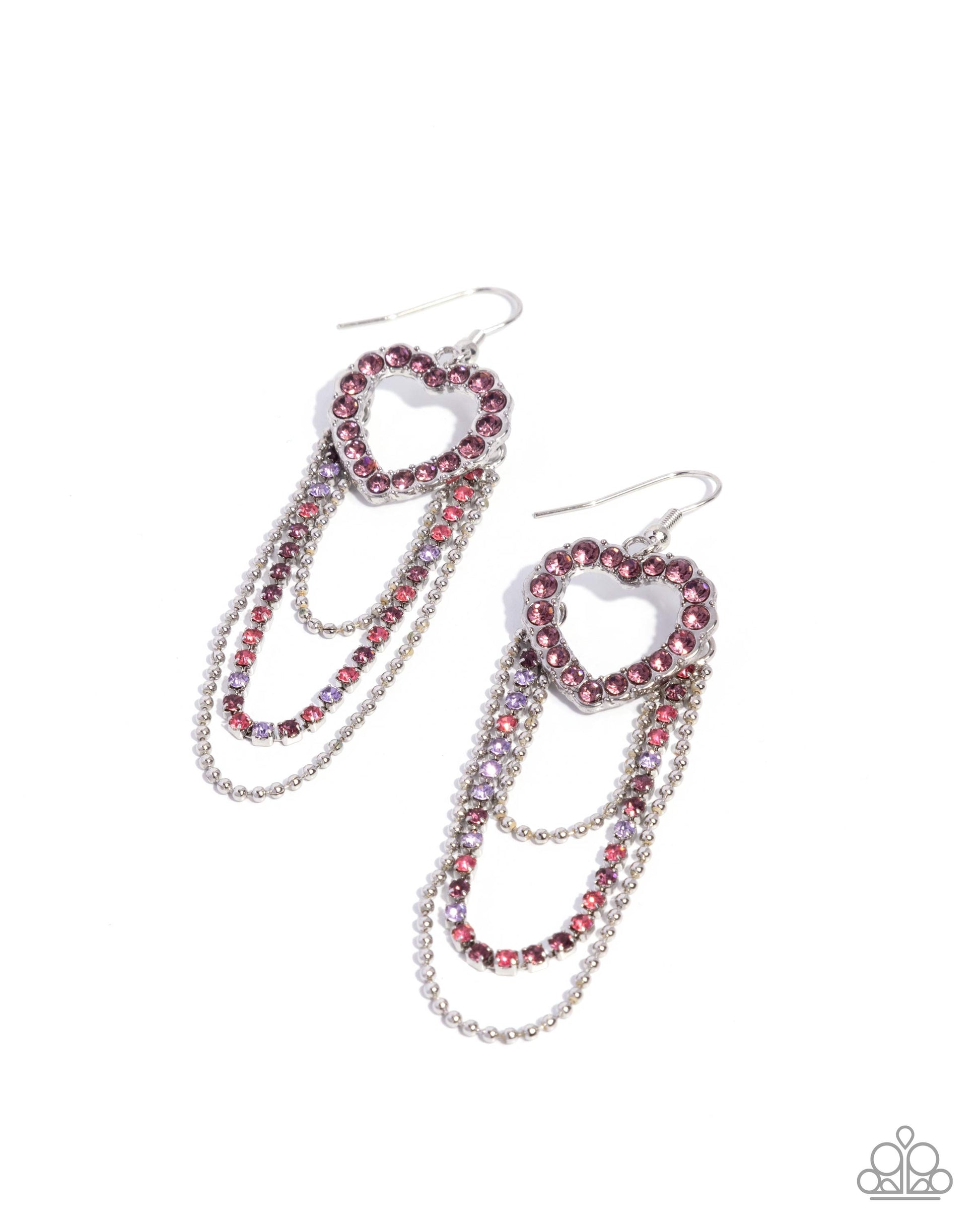 Heart-shaped earrings with red and silver beads on a white background