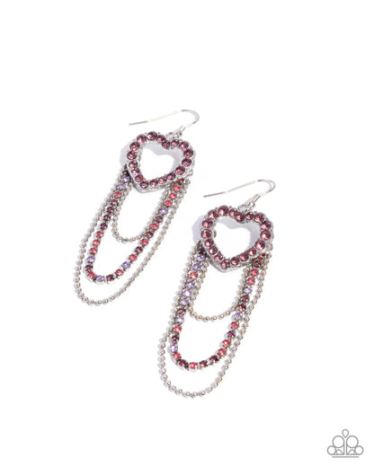 Heart-shaped earrings with red and silver beads on a white background