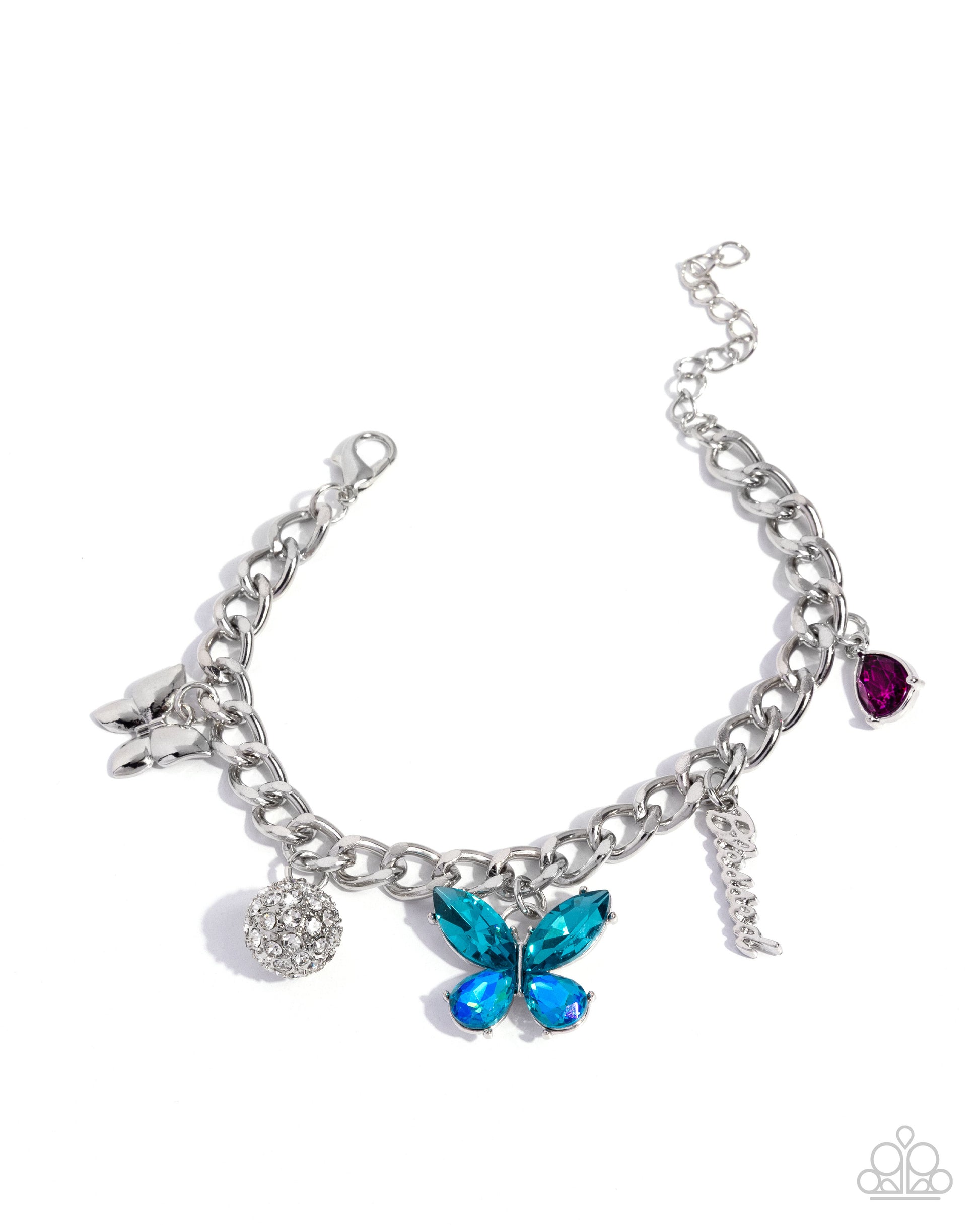 Silver bracelet with various charms including a blue butterfly, purple teardrop, and silver ball on a white background