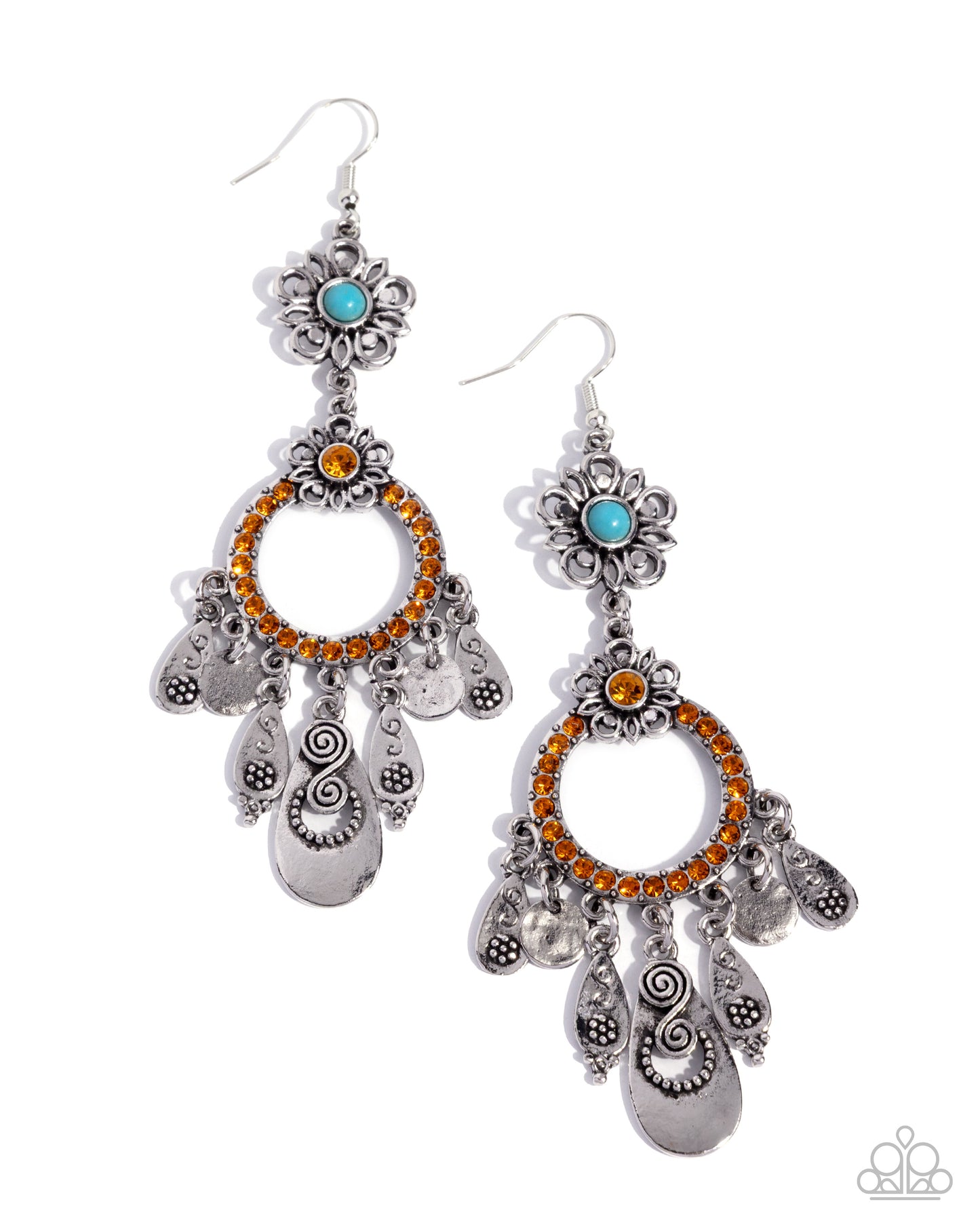 Pair of silver earrings with orange and blue stones on a white background