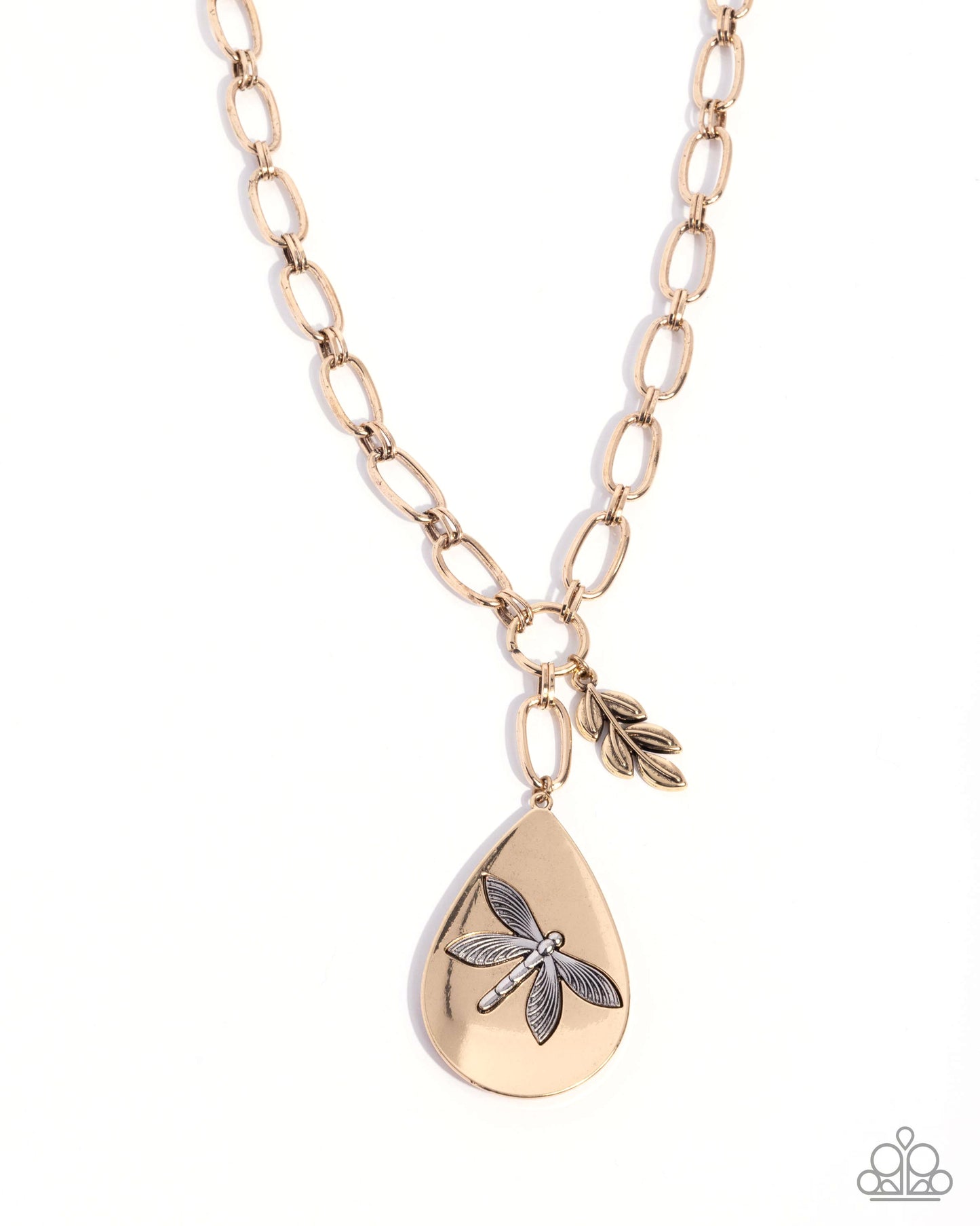 Gold necklace with teardrop pendant and leaf charm on a white background
