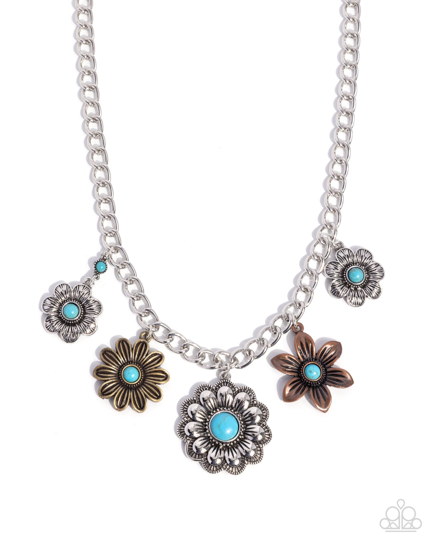 Necklace with floral charms and turquoise stones on a white background