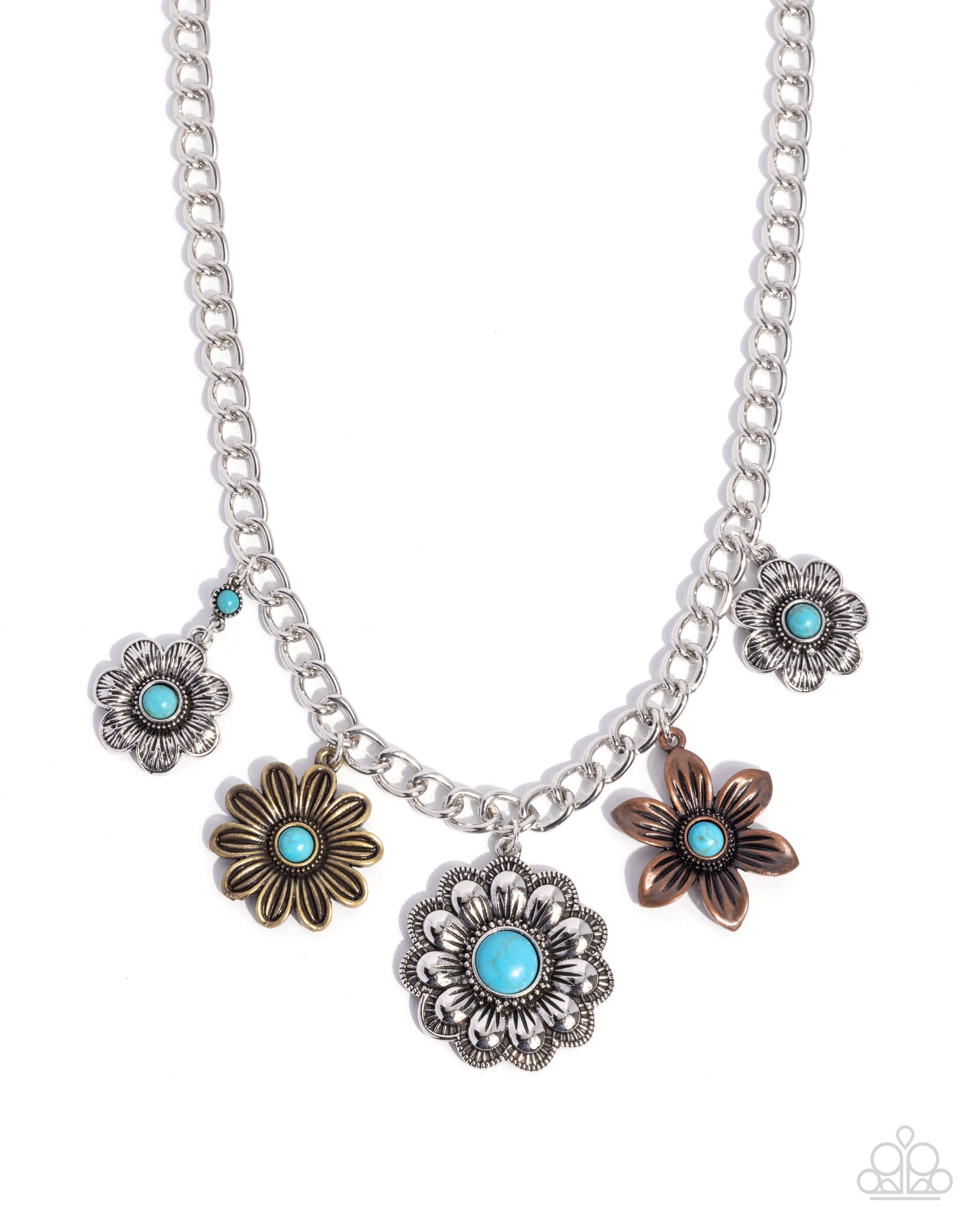Necklace with floral charms and turquoise stones on a white background