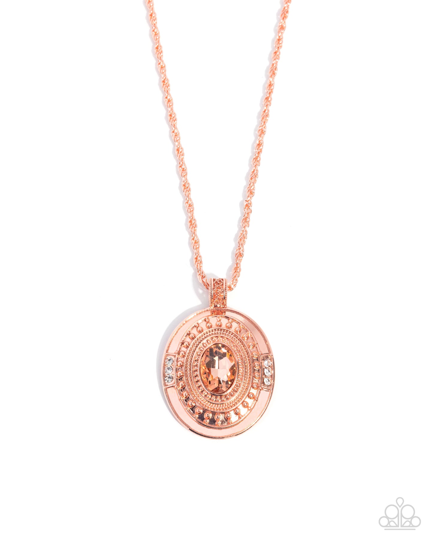 Rose gold necklace with a circular pendant on a white background