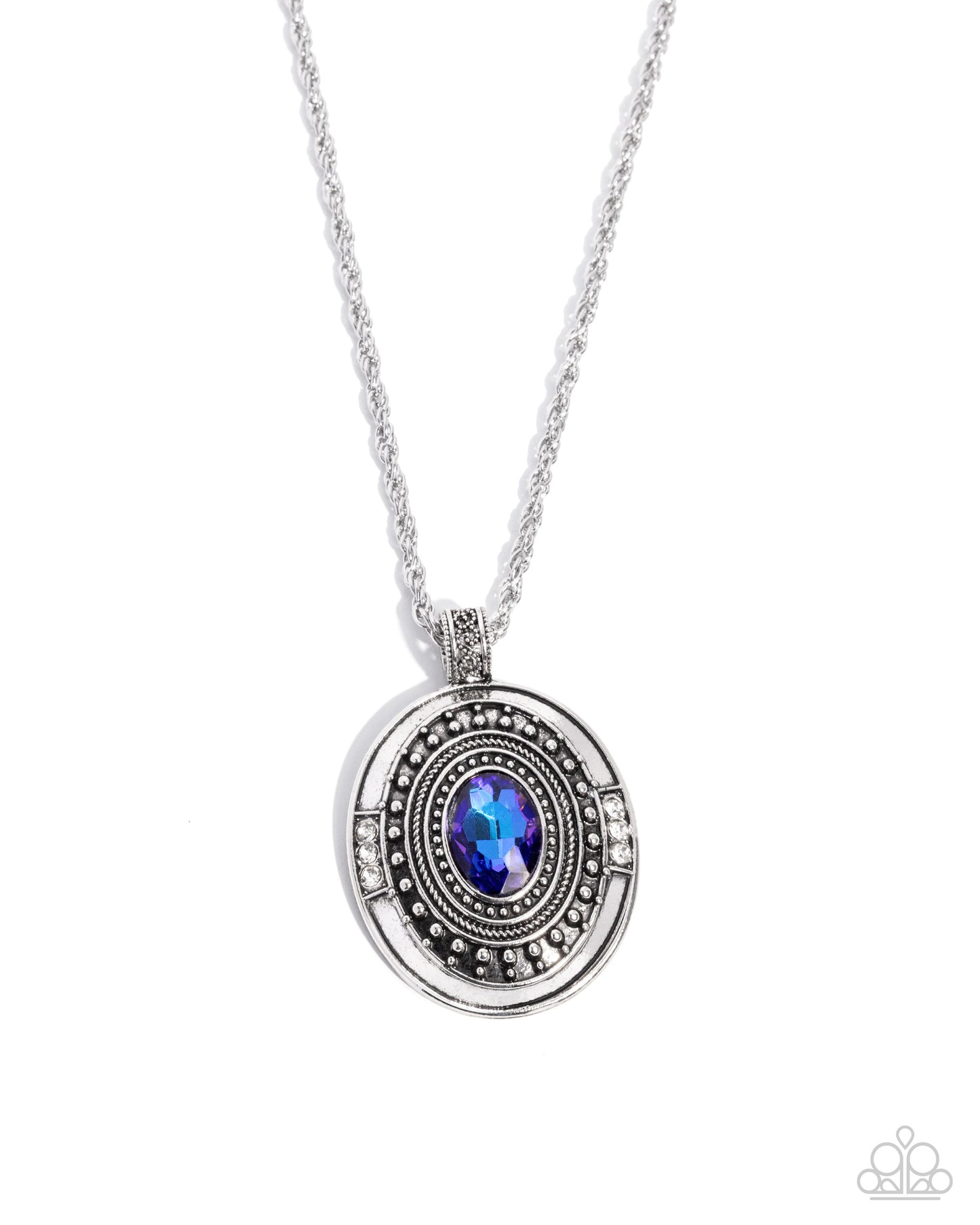 Silver necklace with a round pendant featuring a blue gemstone on a white background